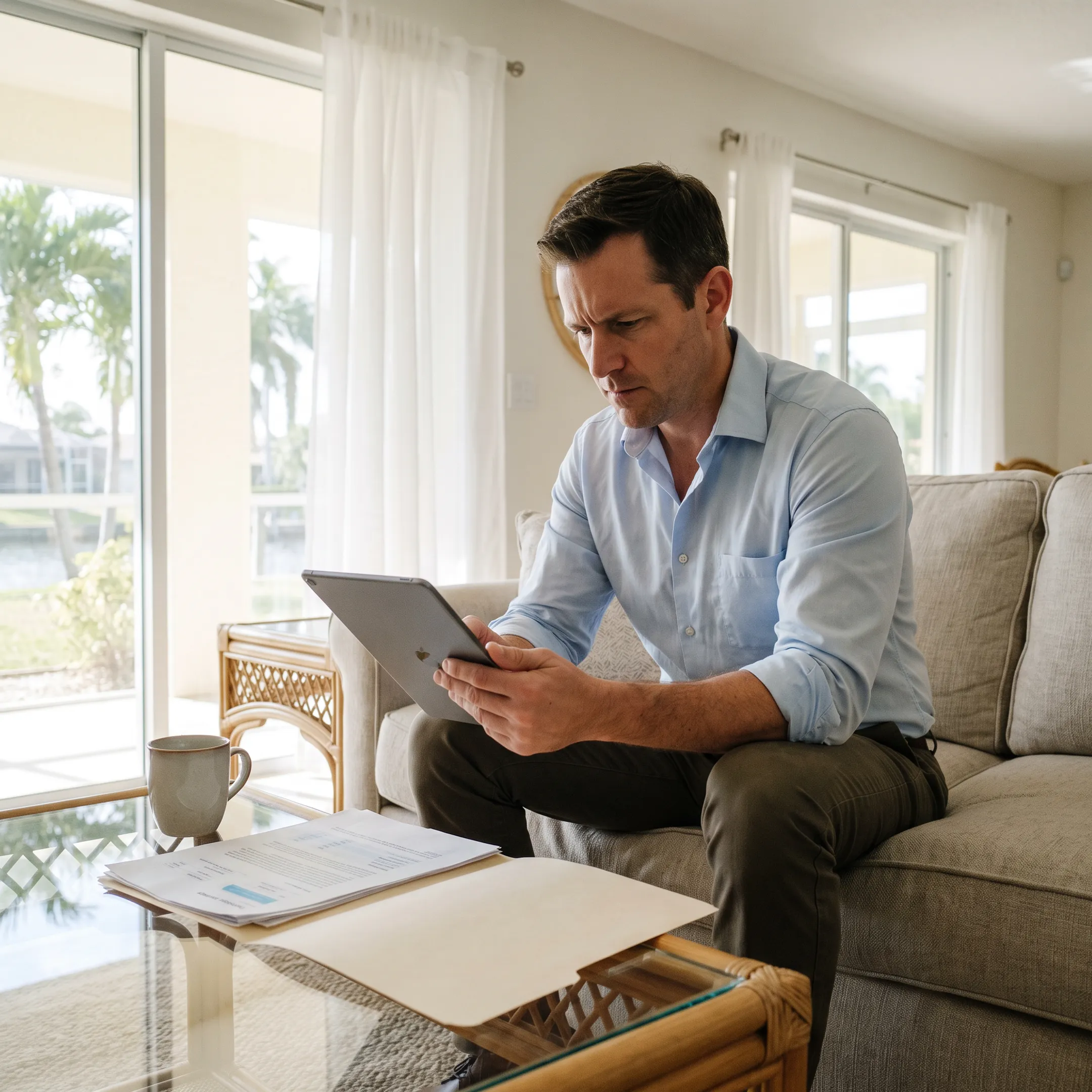 Florida homeowner reviewing home equity loan terms on a digital tablet at home