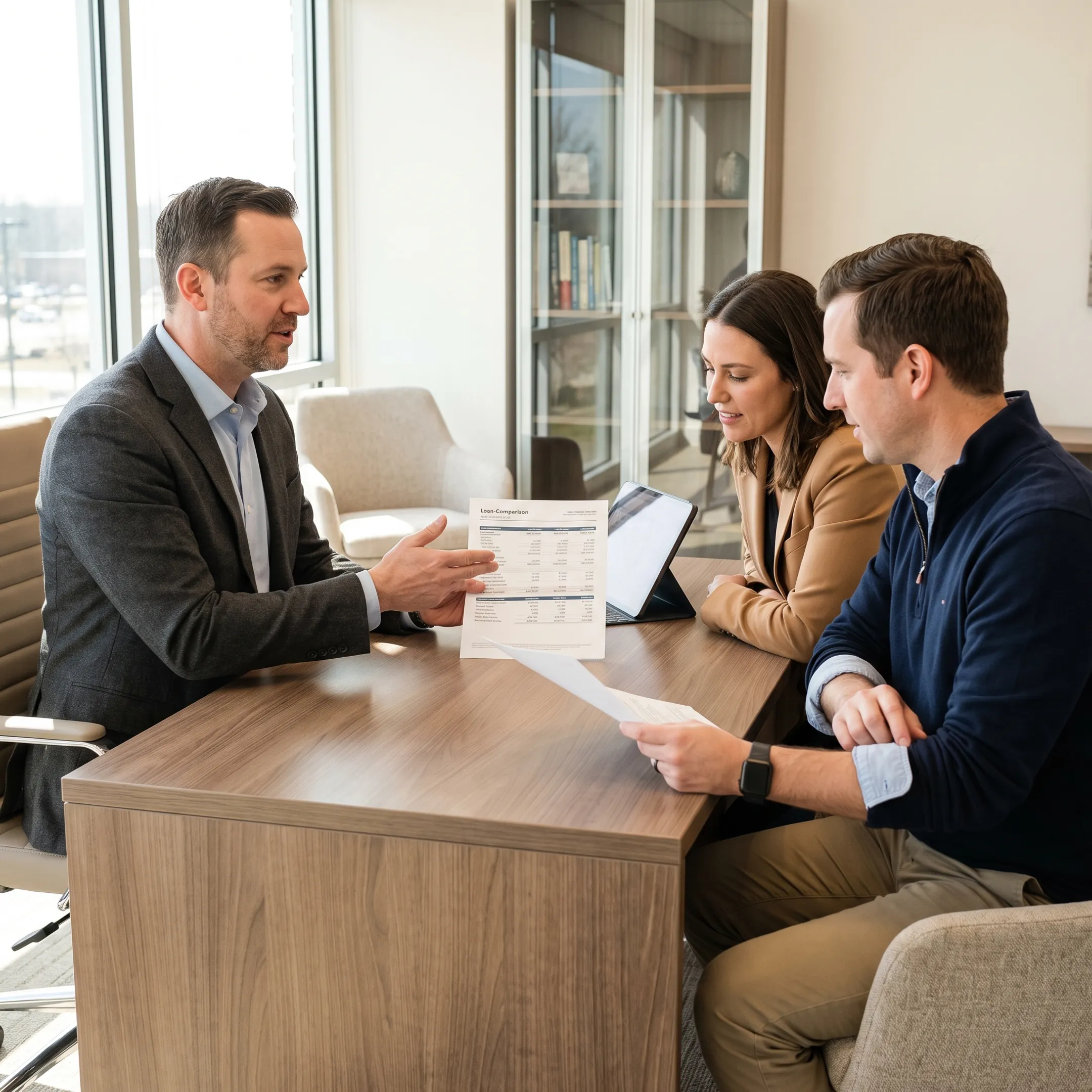 Naples Florida mortgage broker consulting with clients over loan paperwork