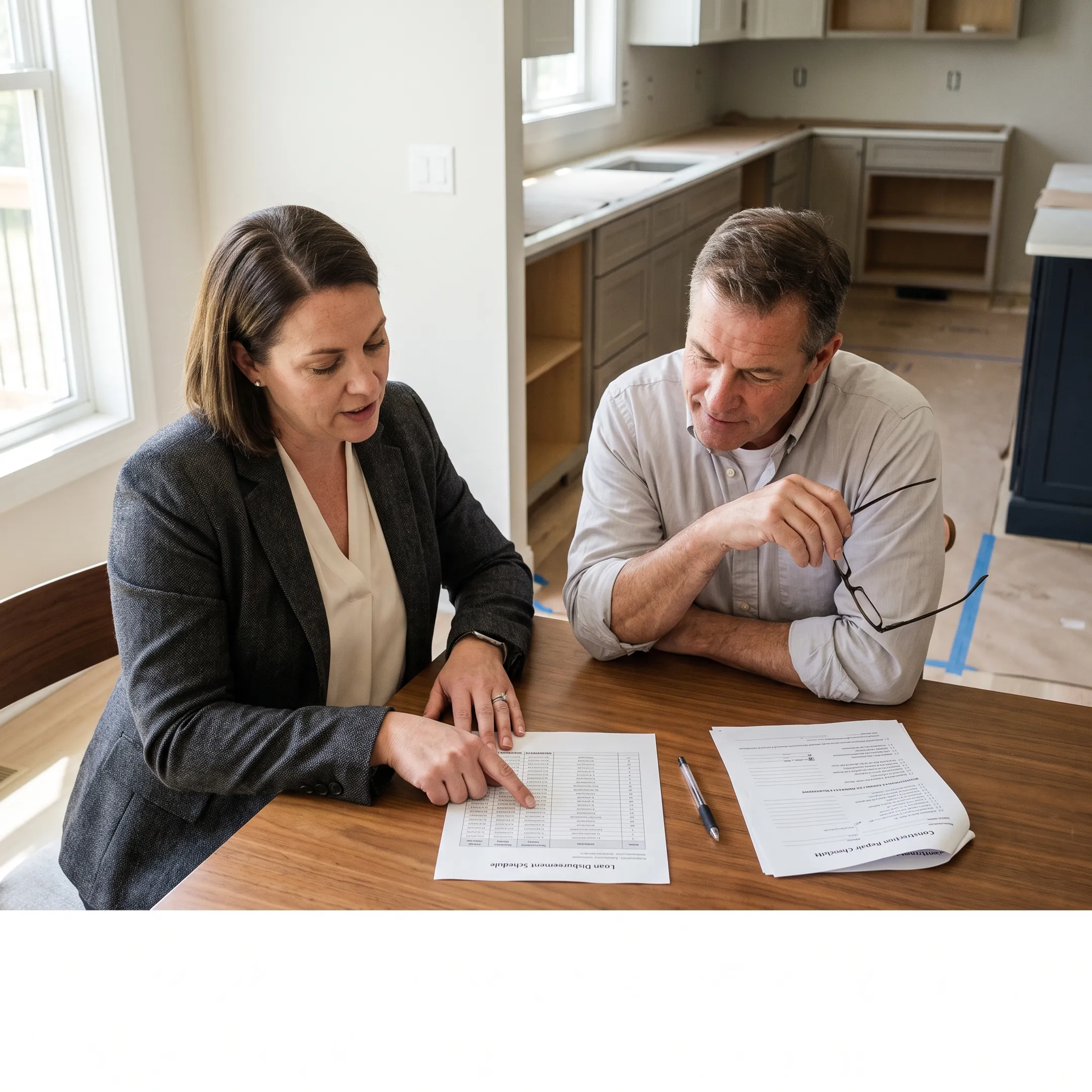 Mortgage specialist reviewing home renovation loan documentation with client