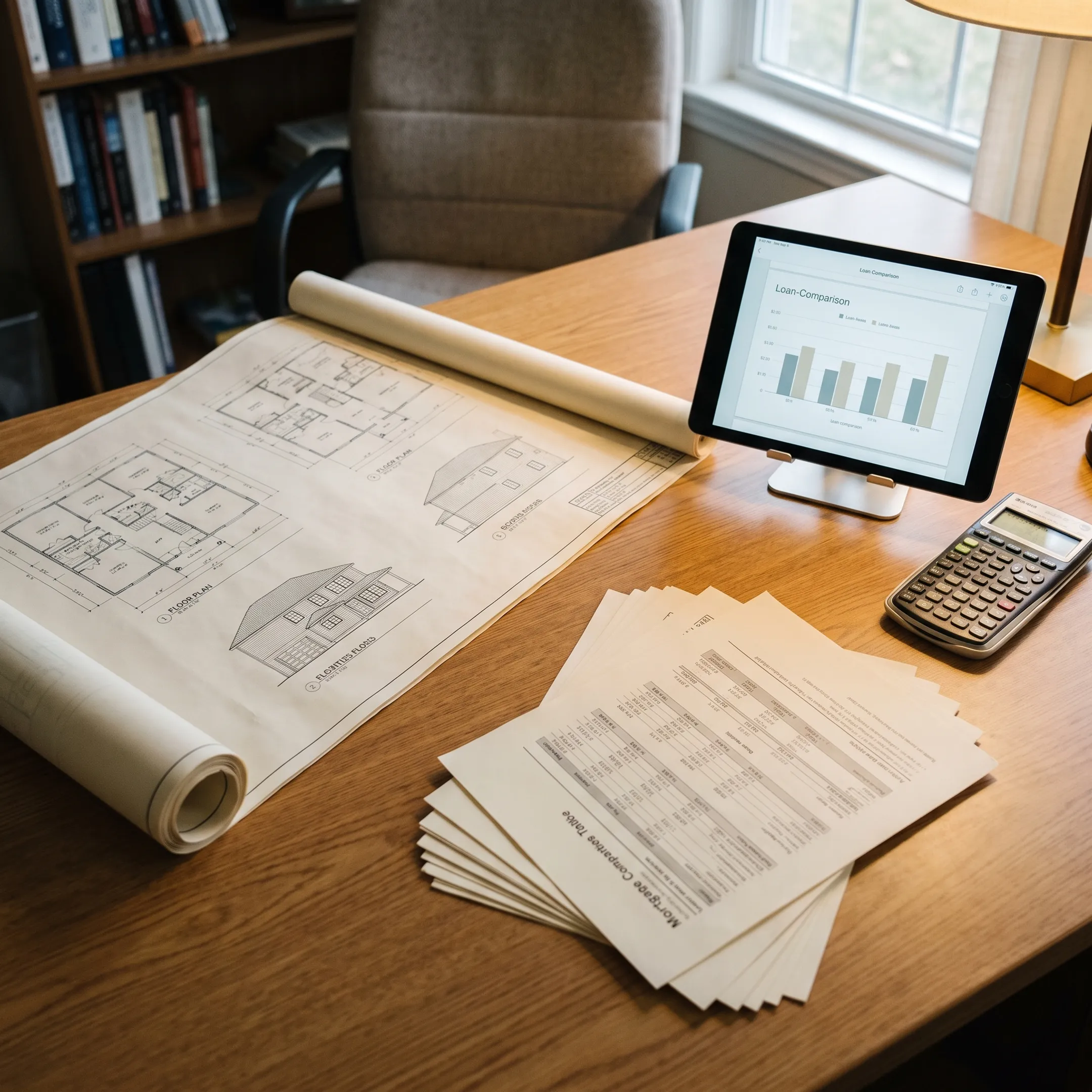 Architectural blueprints and loan comparison documents on a wooden desk
