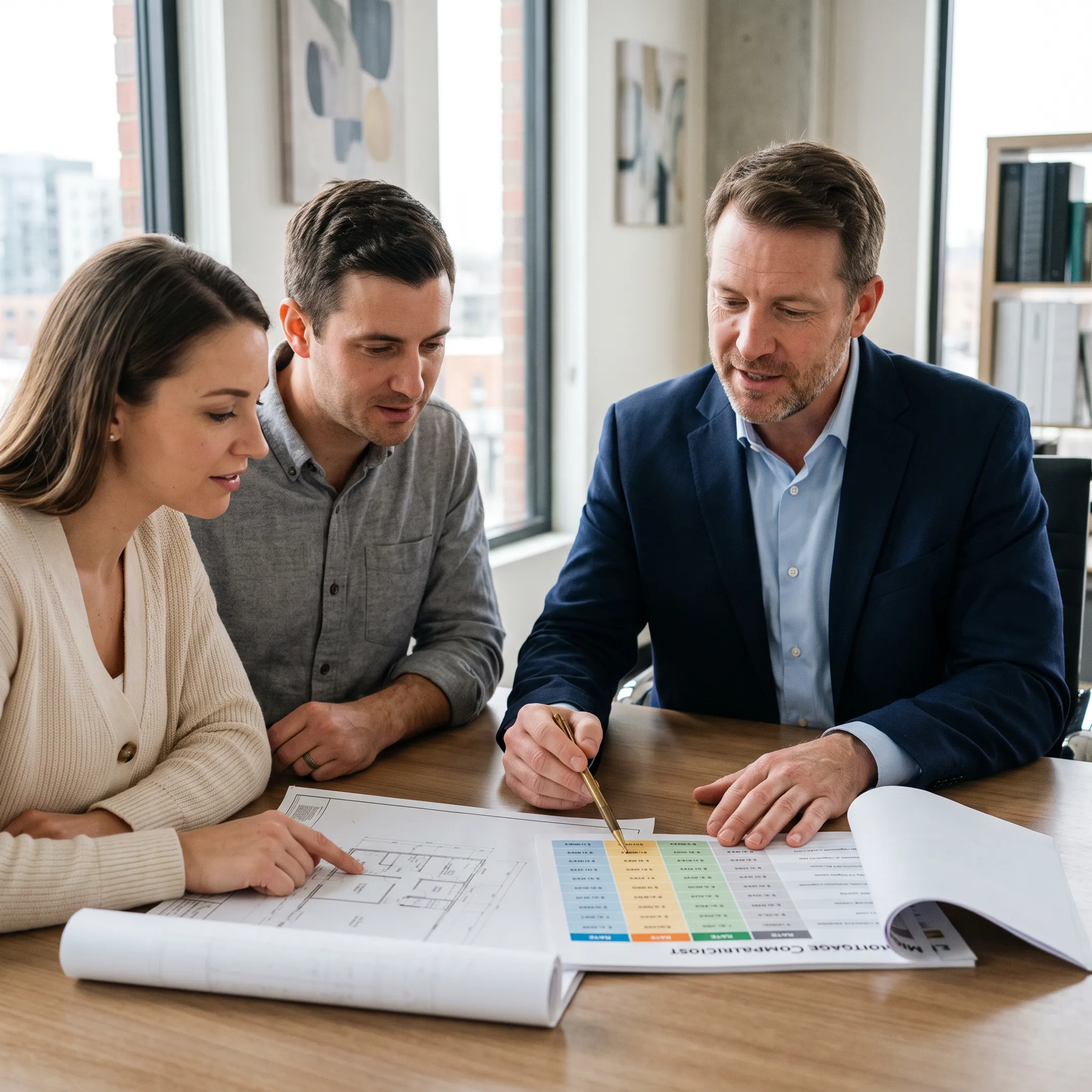 Mortgage advisor explaining home construction loan options to prospective buyers