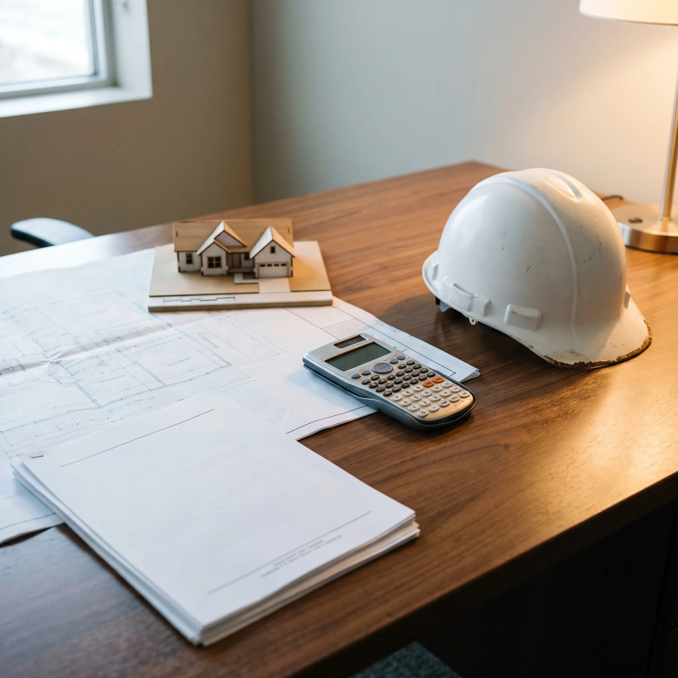Architectural blueprints and construction loan calculation documents on a wooden desk.