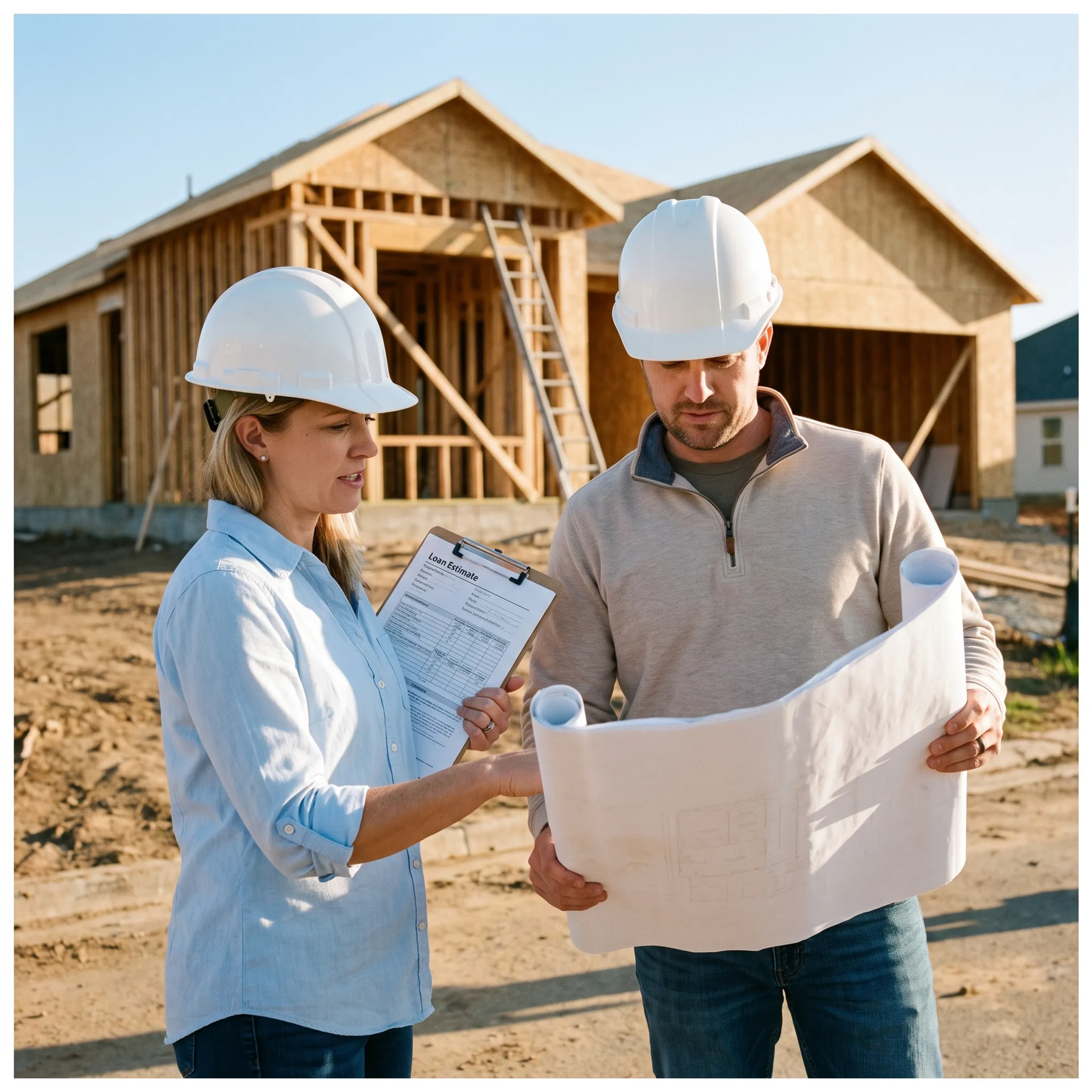 Contractor and client reviewing house construction plans on site.