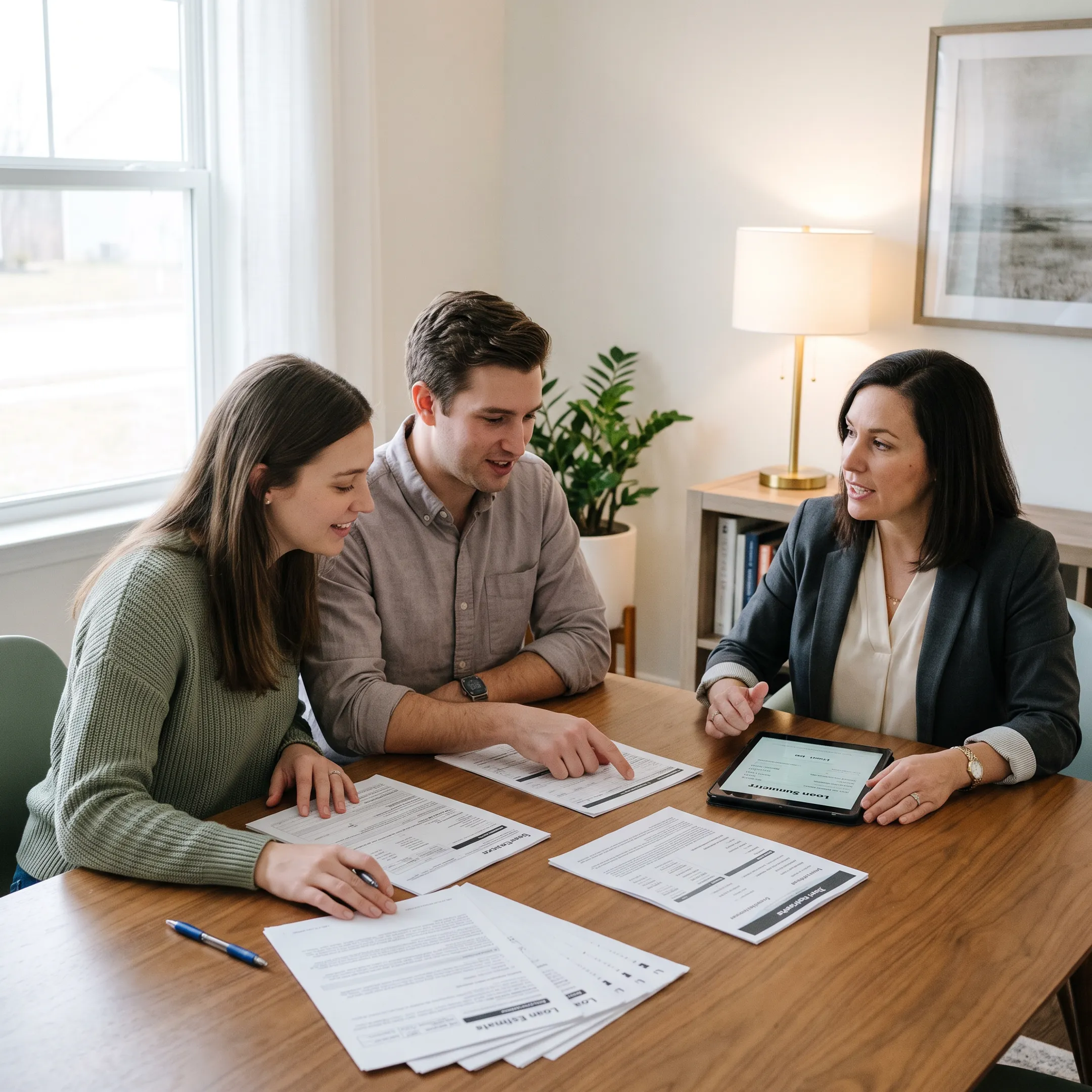 First-time home buyers reviewing mortgage options at a table