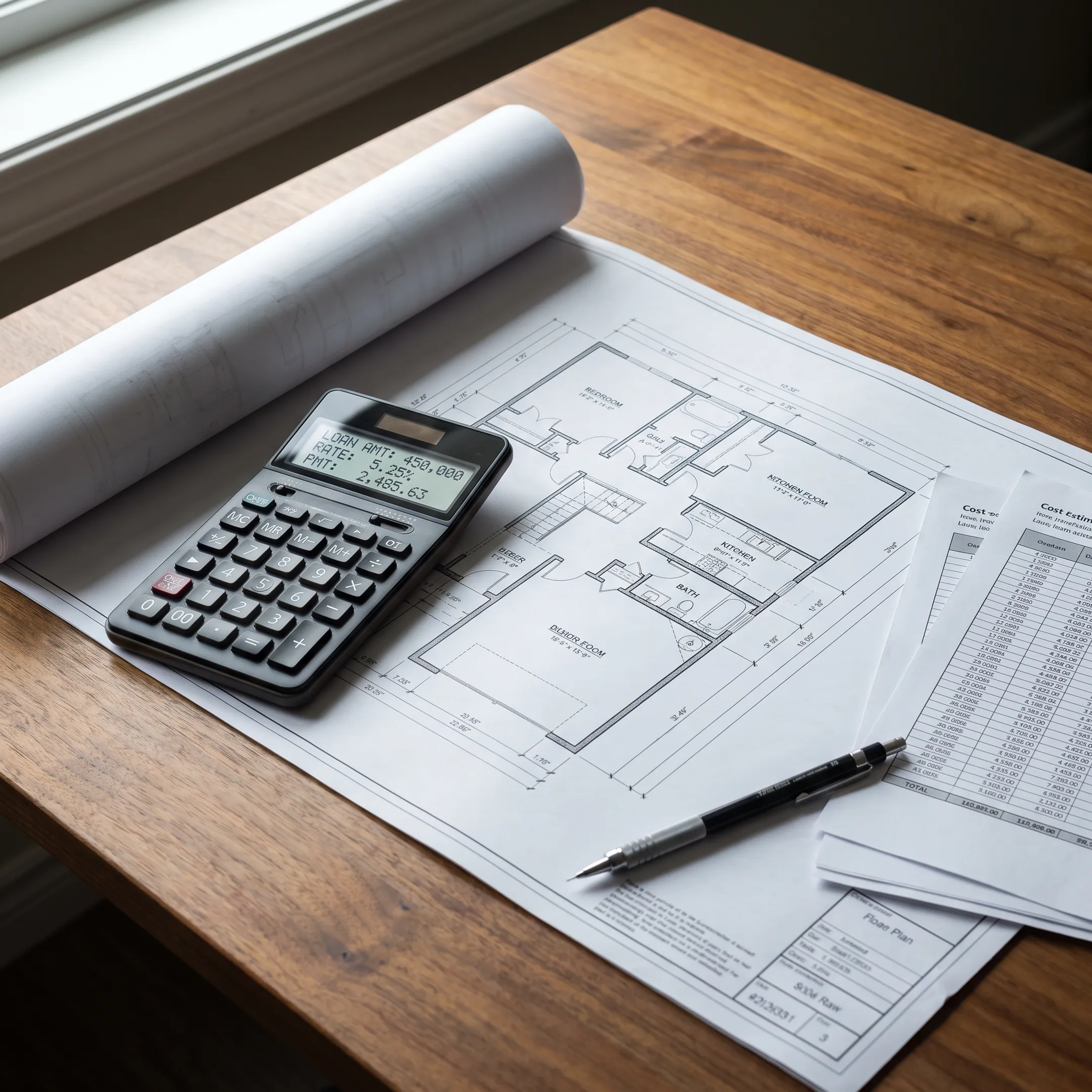 Architectural blueprints and construction cost calculation sheets on a desk