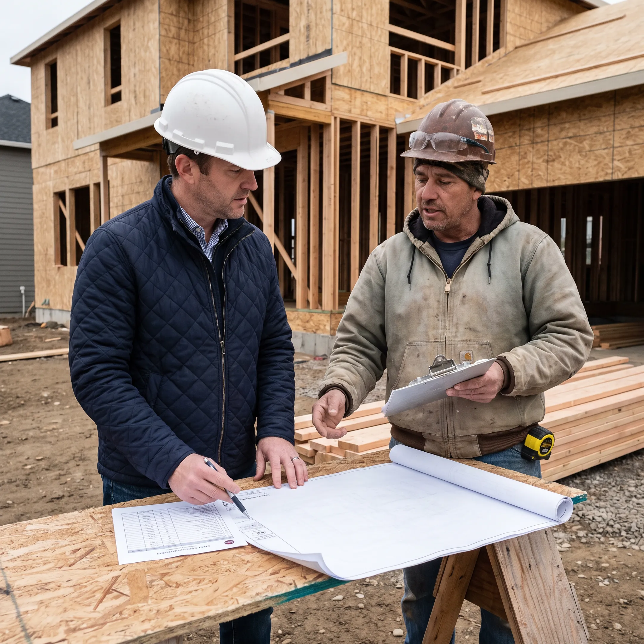 Contractor and homeowner reviewing construction cost calculations on a job site