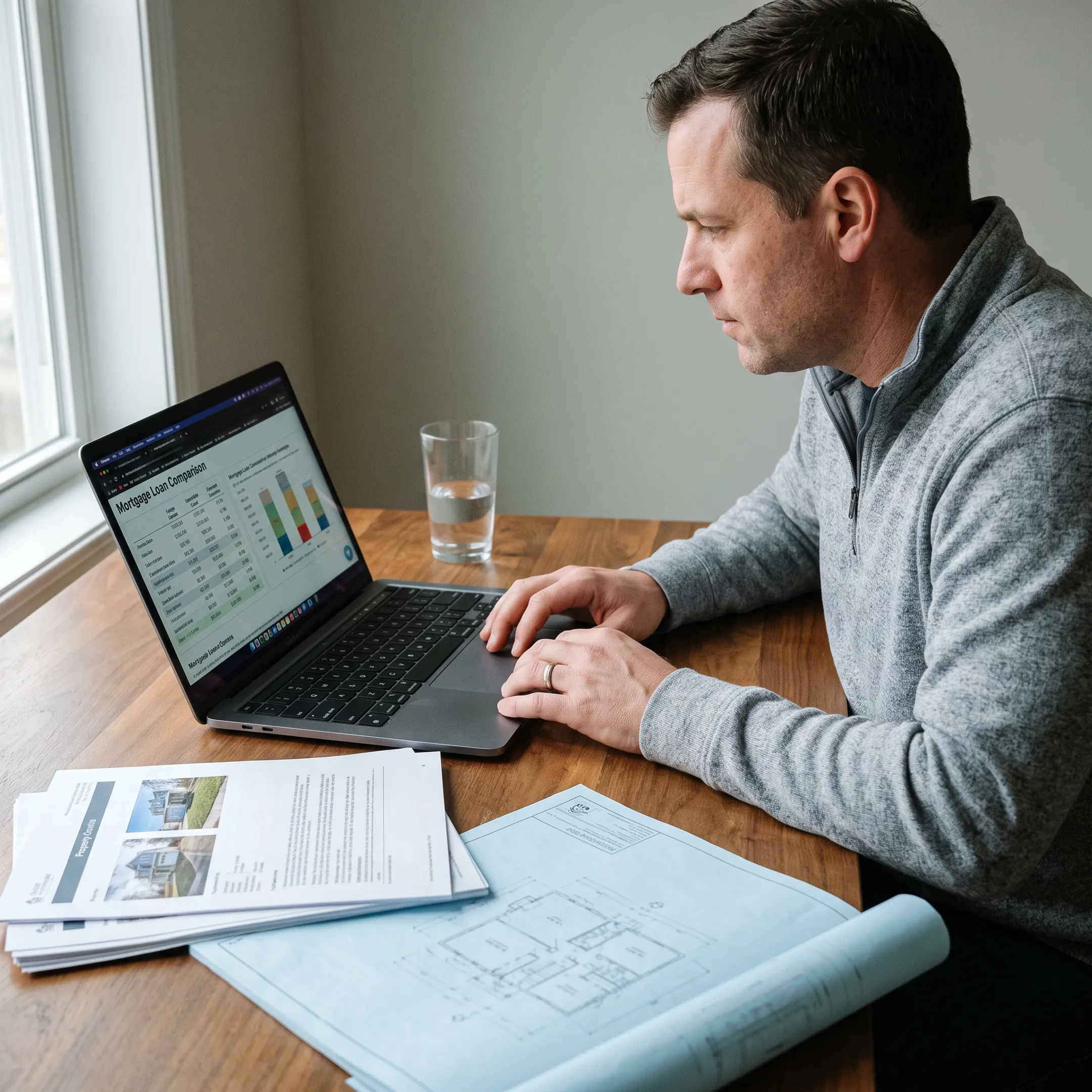 Real estate investor reviewing property mortgage options on a laptop