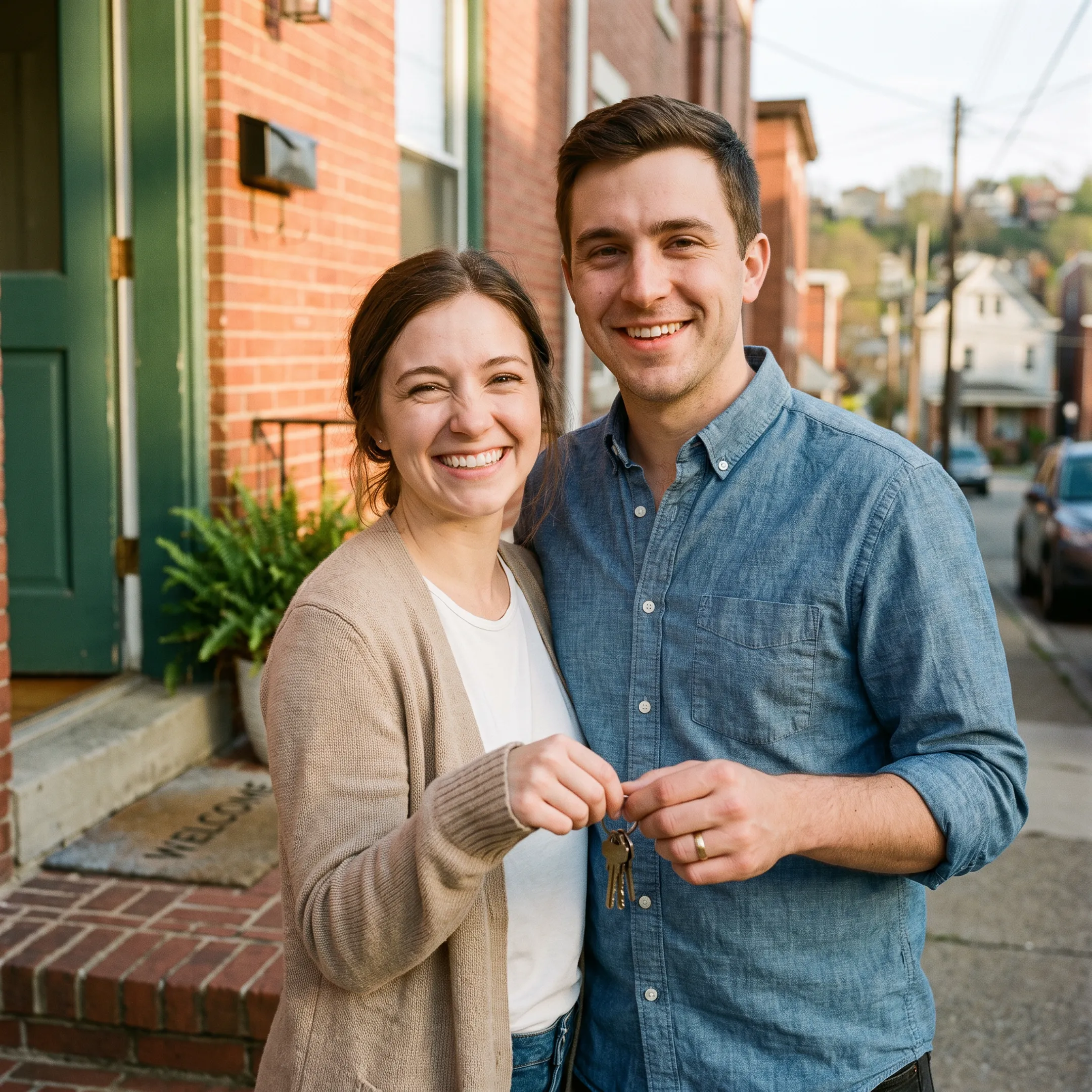 First-time homebuyers smiling in front of a brick house in Pittsburgh