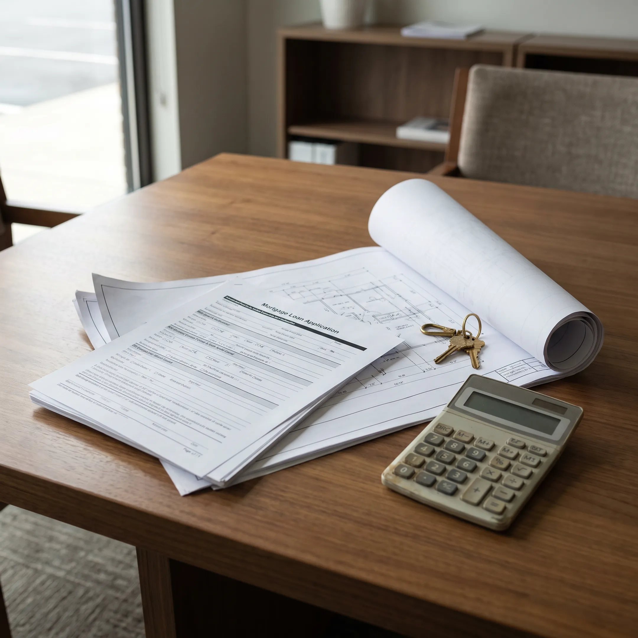Architectural blueprints and mortgage financing contract on a wooden desk