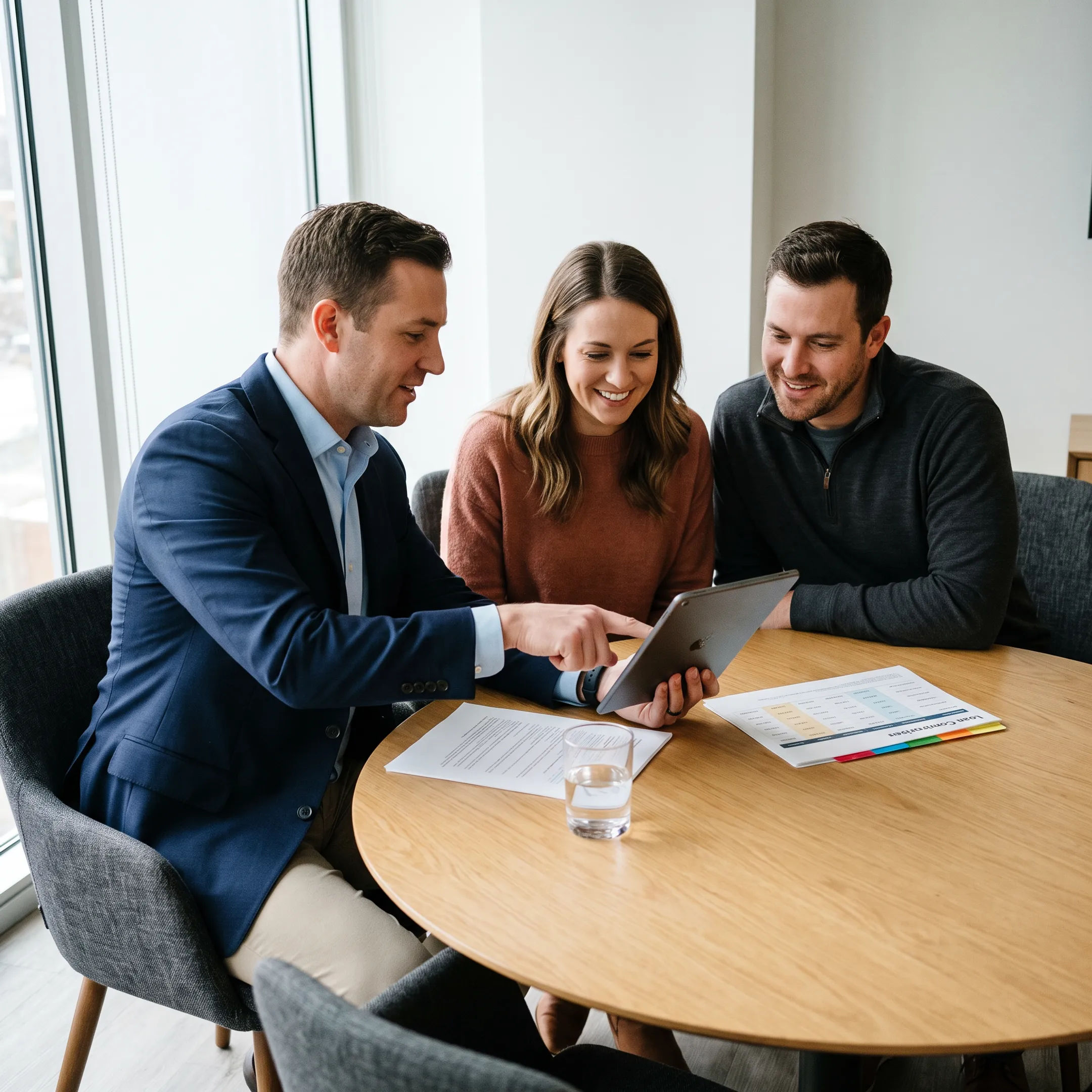 Loan officer reviewing mortgage comparison options with homebuyer