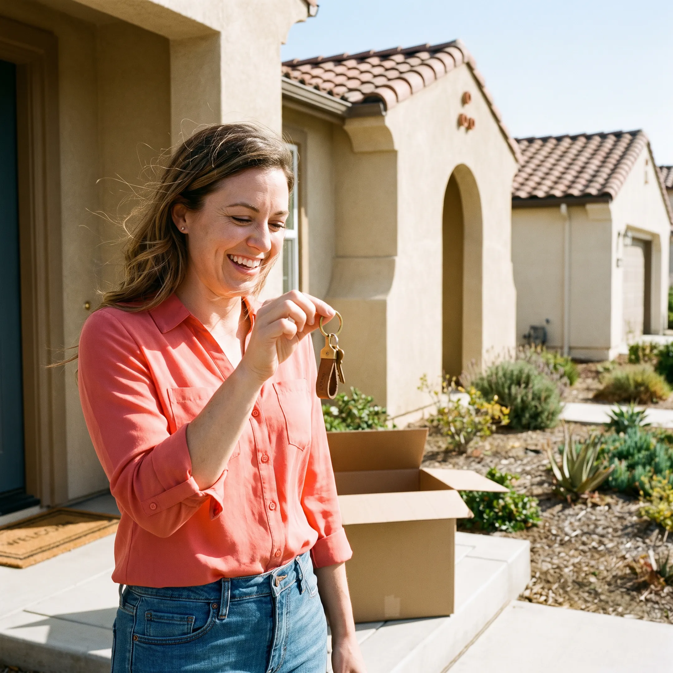 California teacher holding house keys outside a newly purchased home