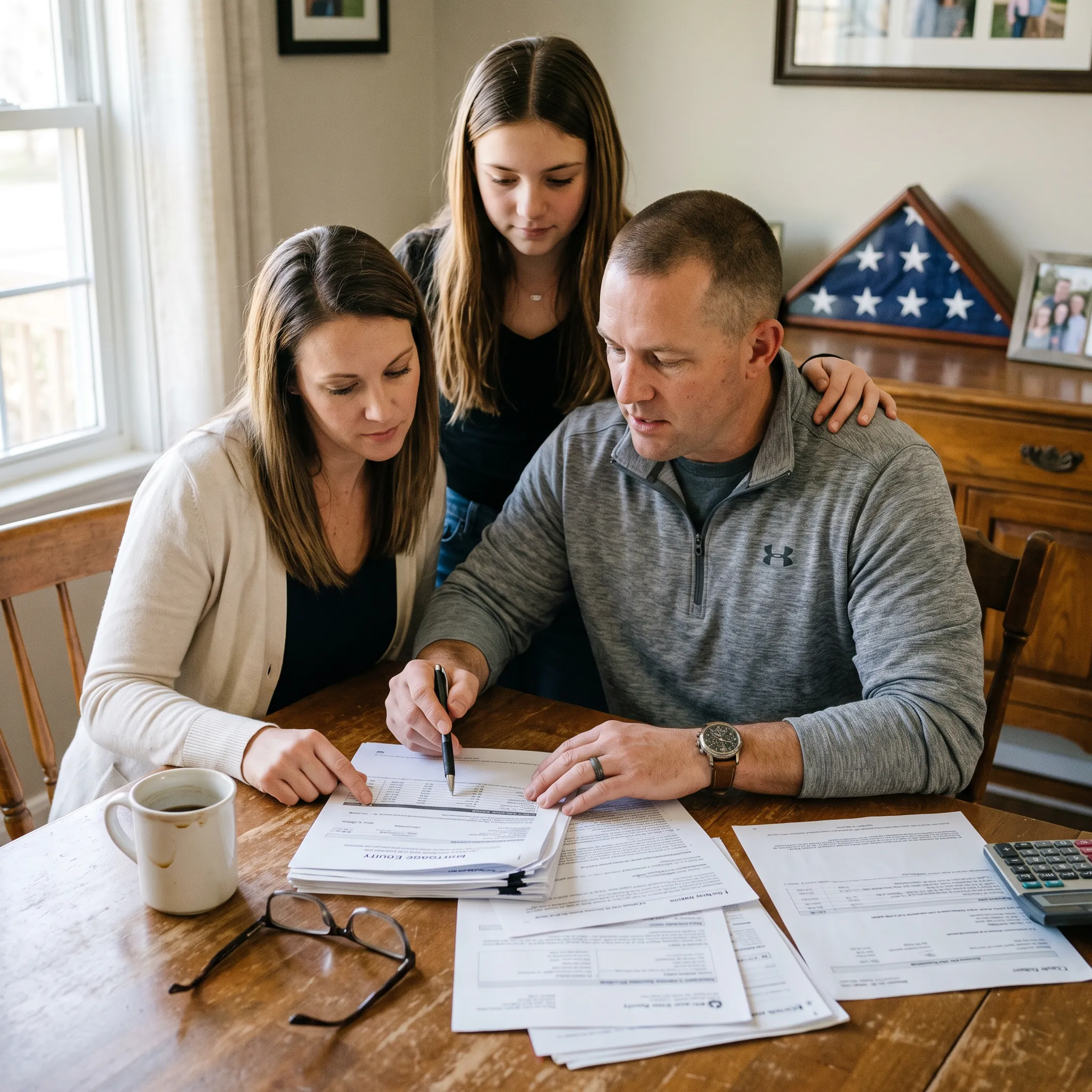 Military veteran reviewing home financing paperwork at a desk