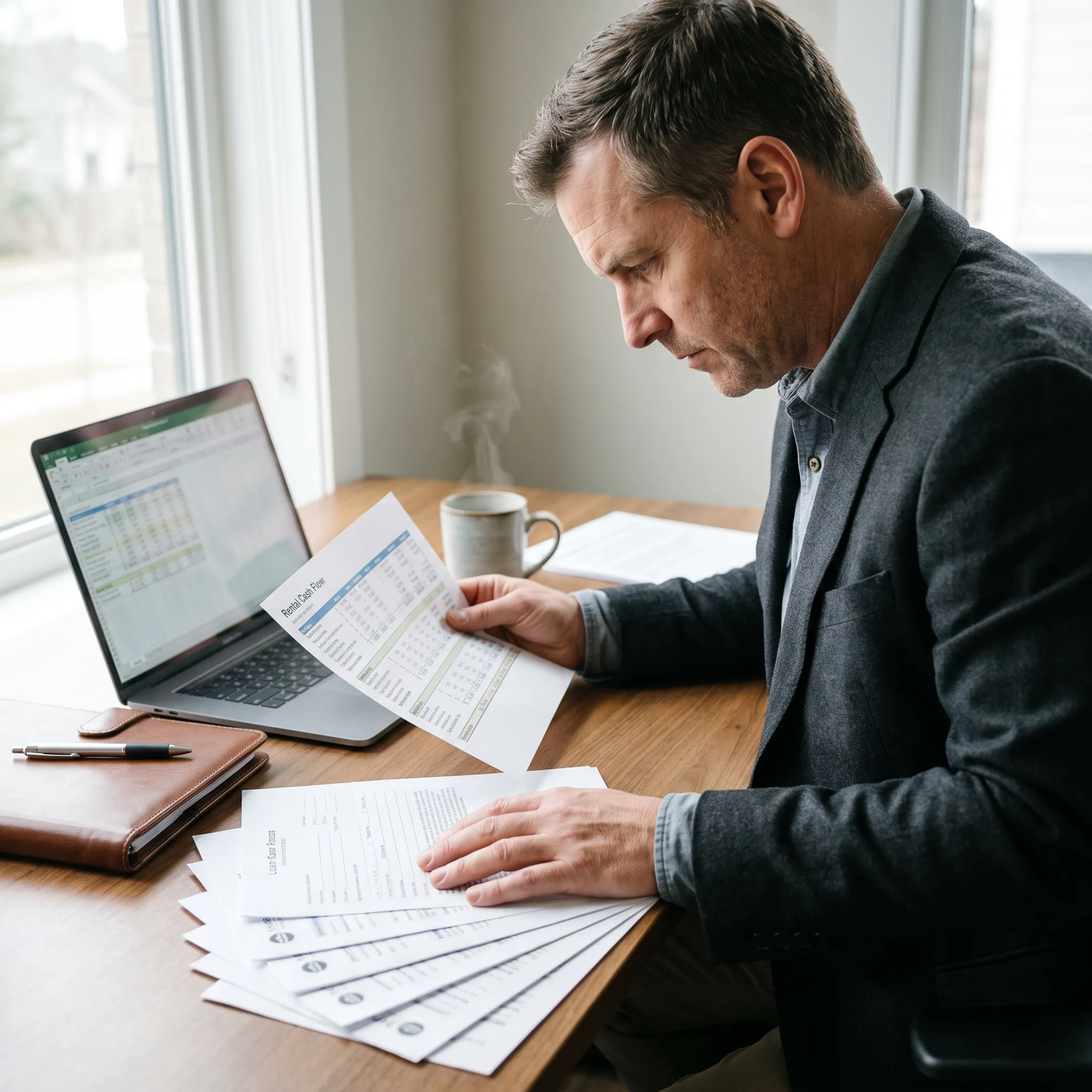 Real estate investor reviewing commercial and residential property financial documents