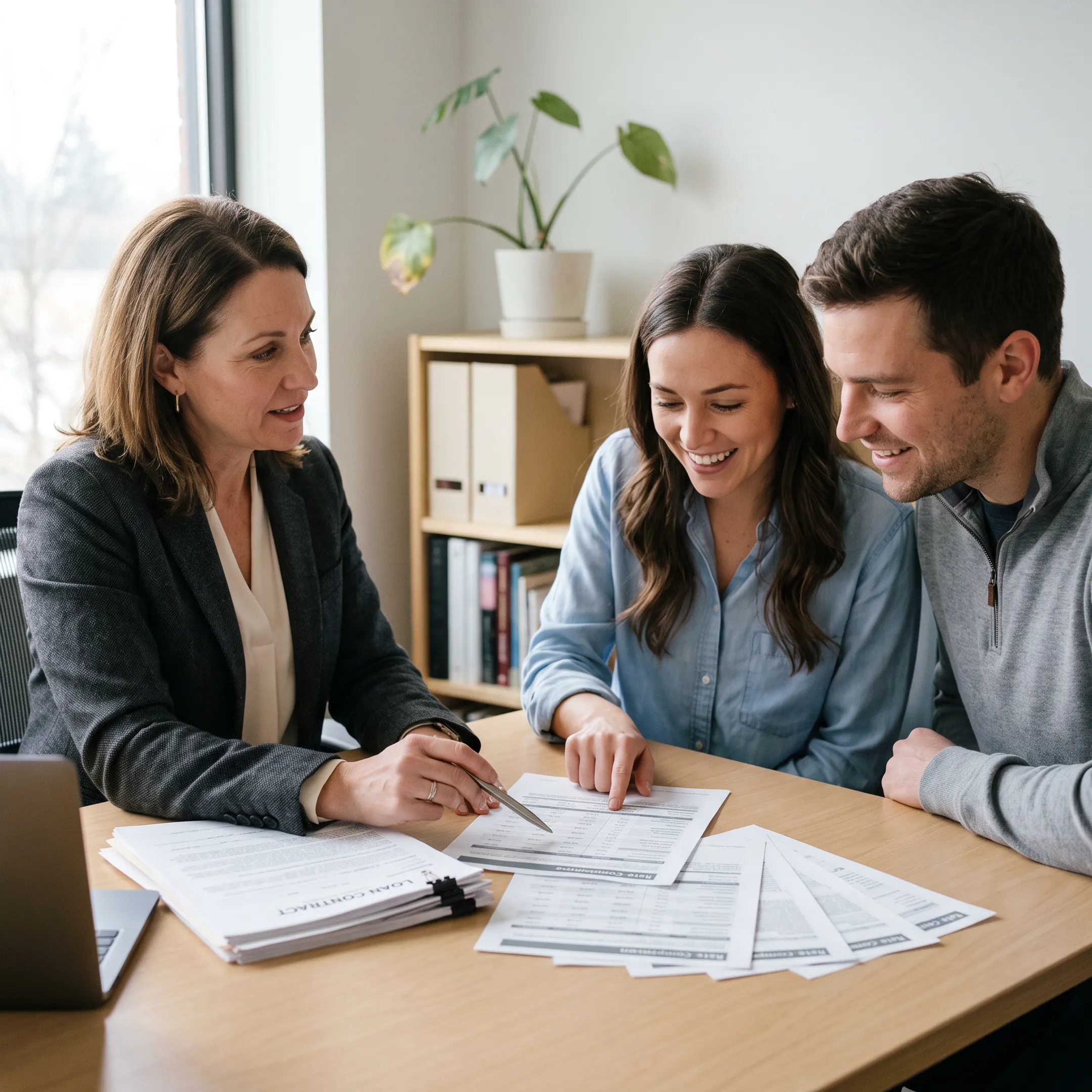 Mortgage advisor reviewing loan documents and comparison terms on digital tablet