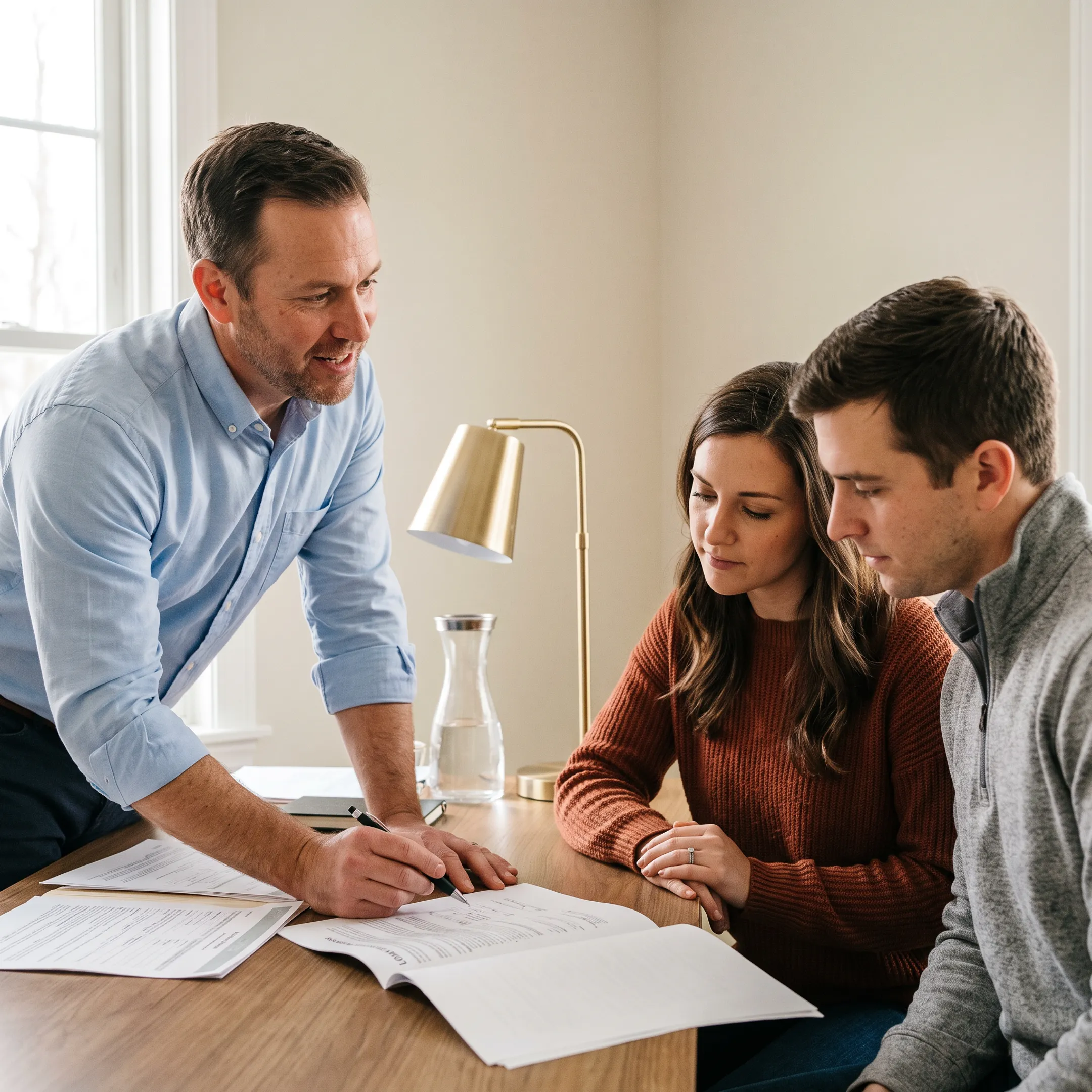 First time homebuyers reviewing mortgage rate options and loan paperwork