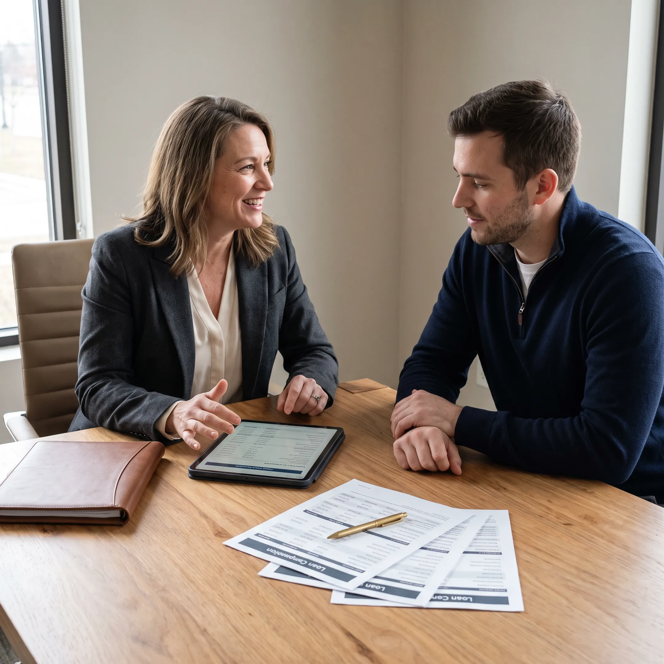 Mortgage professional discussing loan rates with a first-time homebuyer