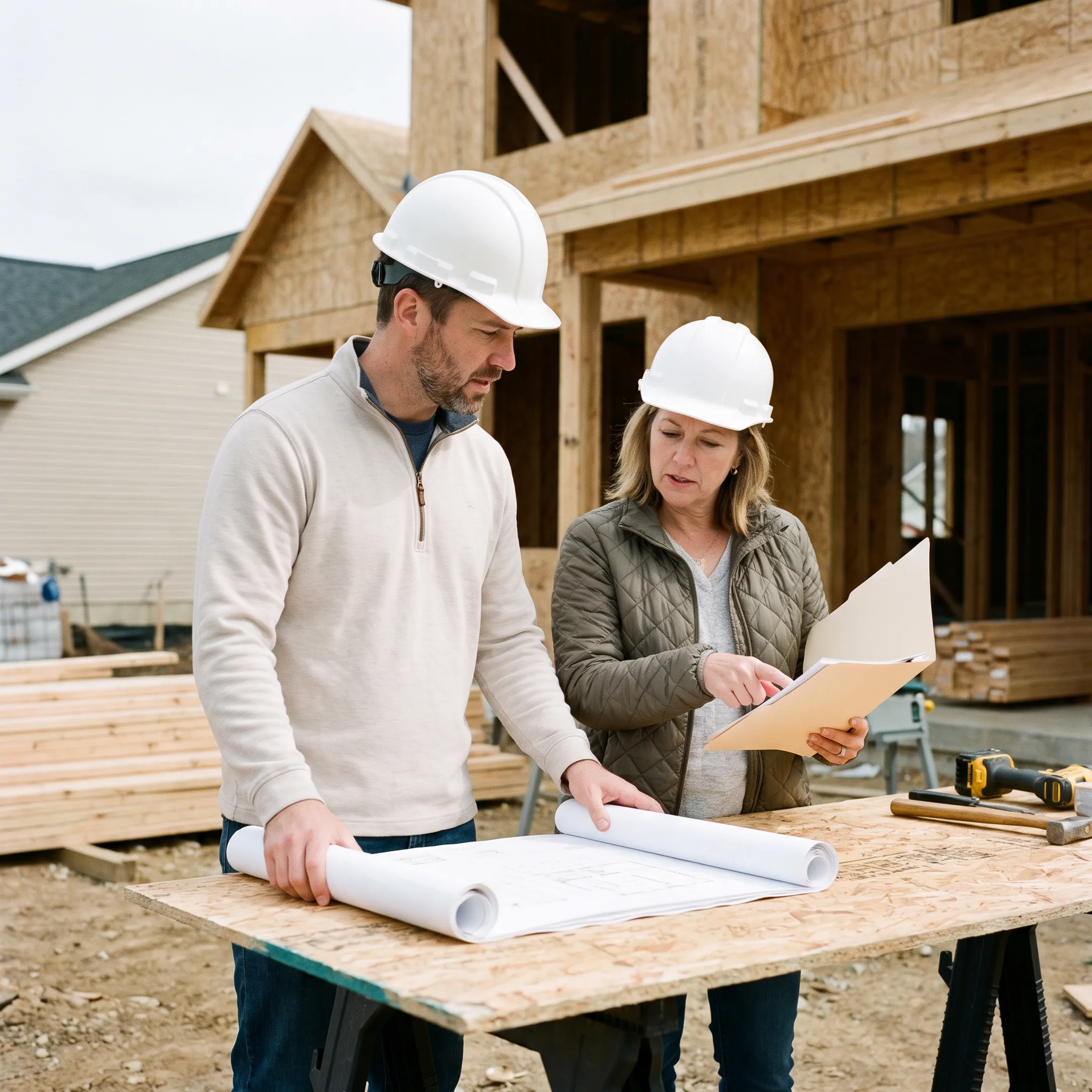 Architect and homeowner reviewing blueprints and construction loan documents on a building site