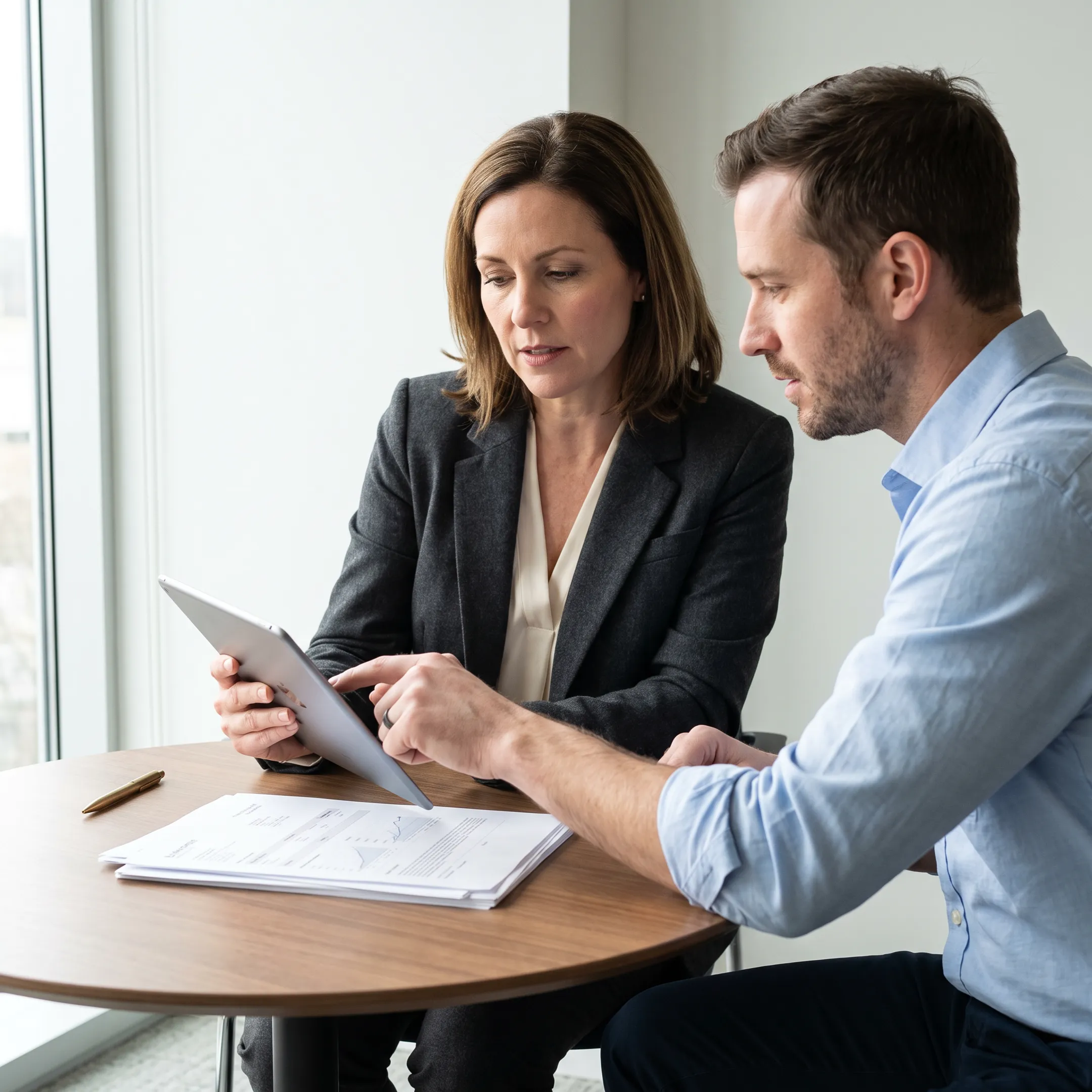 Mortgage broker analyzing construction lending terms on a tablet computer with a client