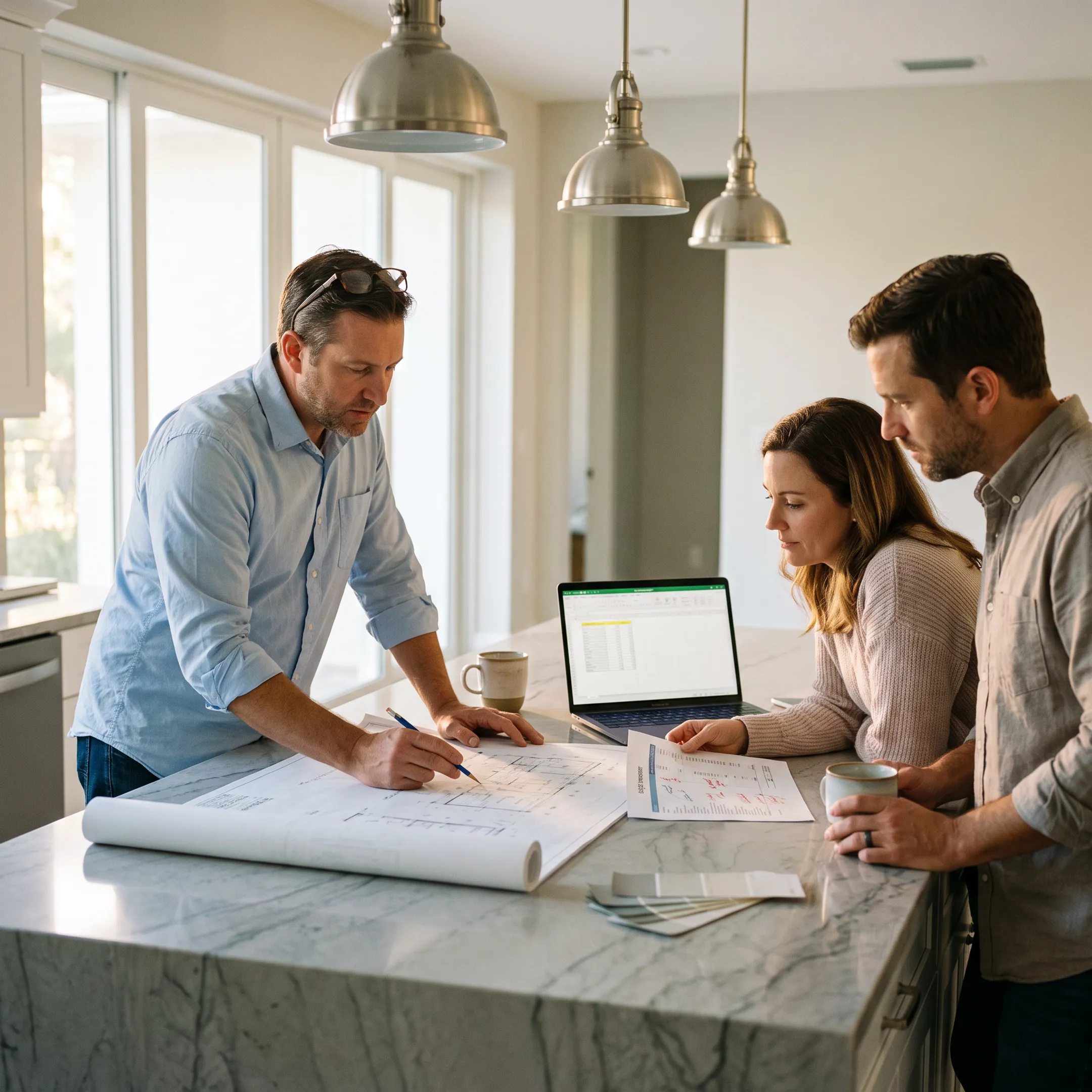 Borrowers reviewing renovation plans and mortgage financing details