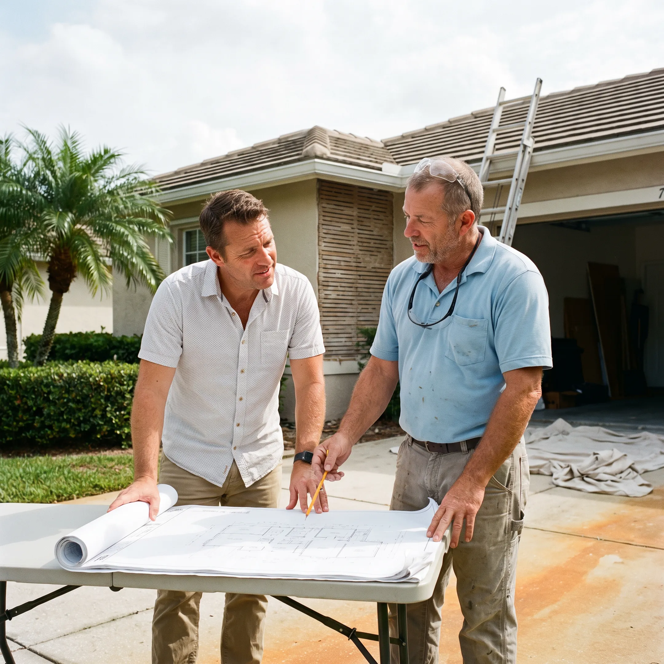 Florida homeowner reviewing house renovation plans with contractor