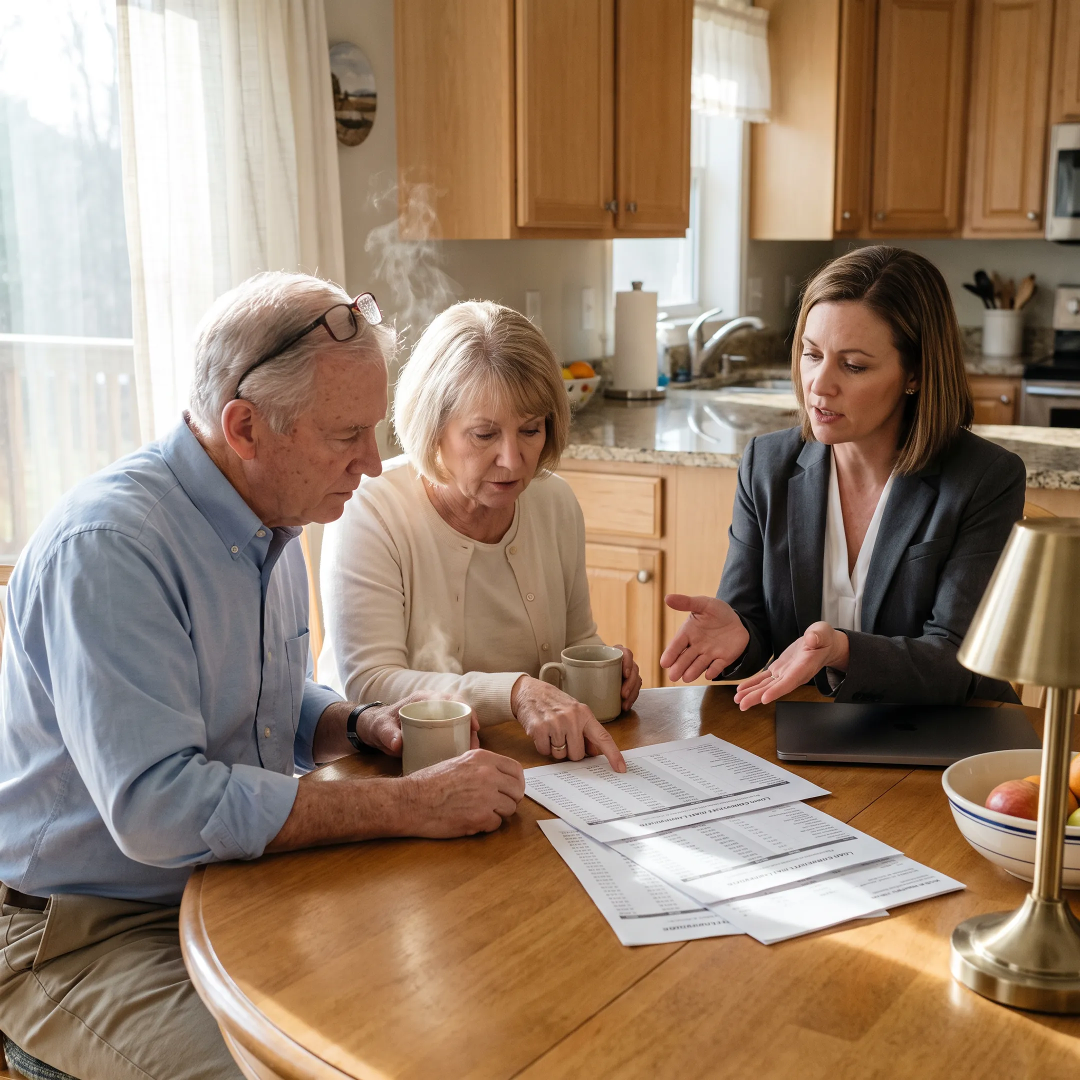 Senior couple reviewing California reverse mortgage and refinance comparison documents