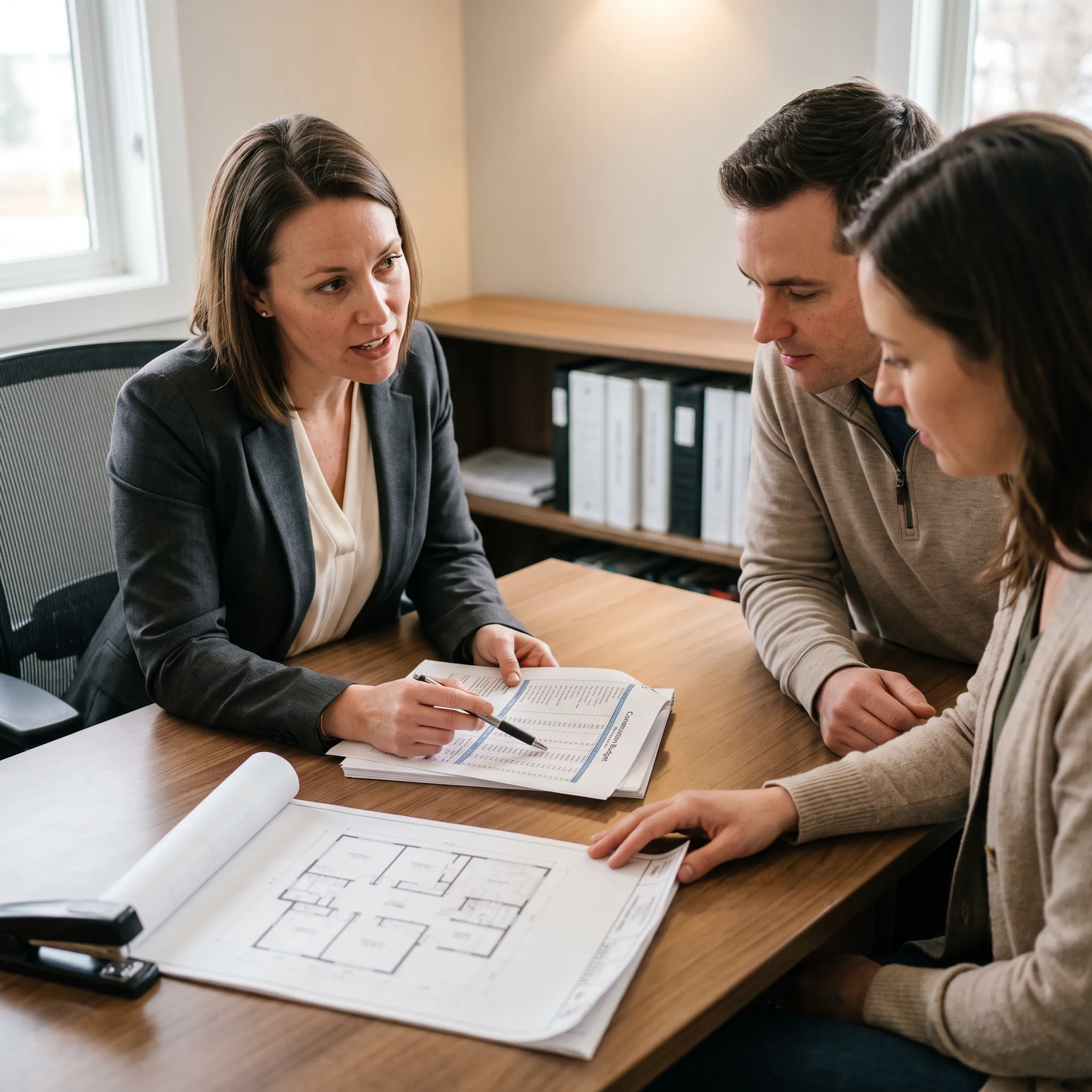 Mortgage broker reviewing home building blueprints with client