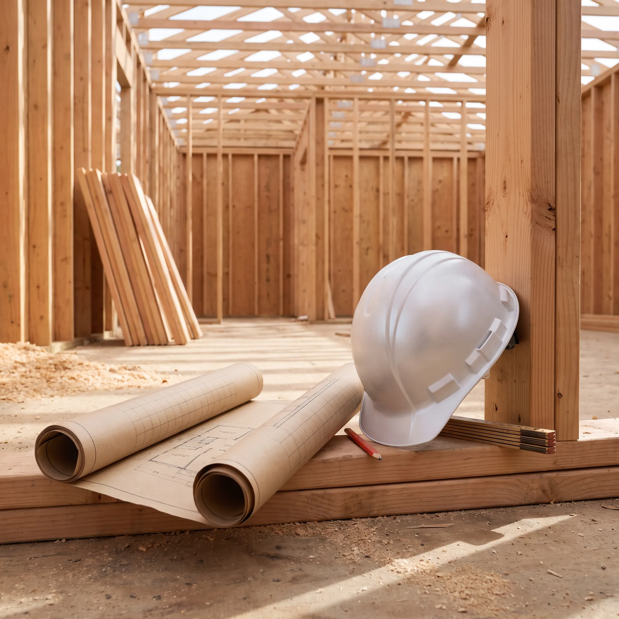 Architectural blueprints and hard hat on custom home construction site