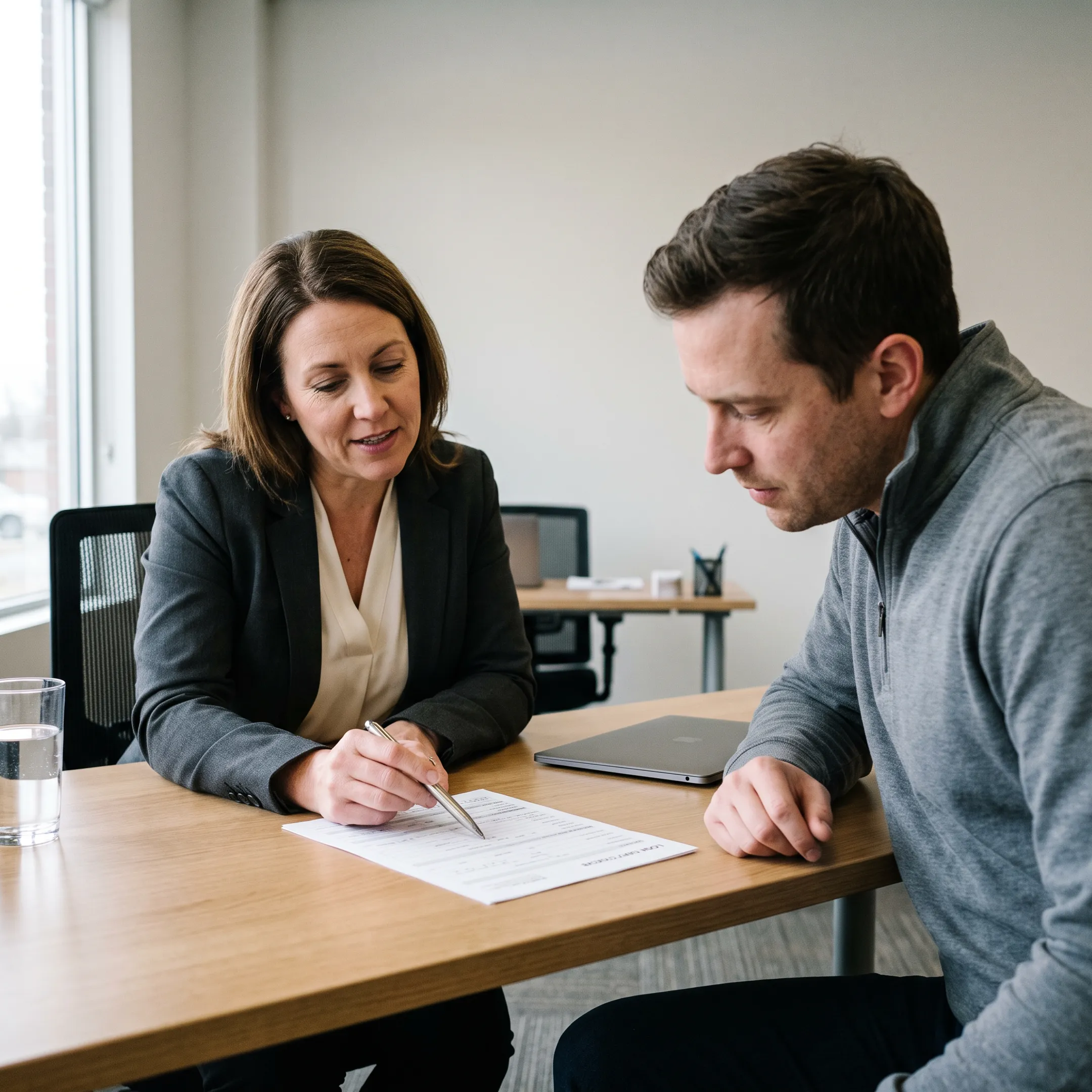 Mortgage advisor guiding a homebuyer through financing paperwork