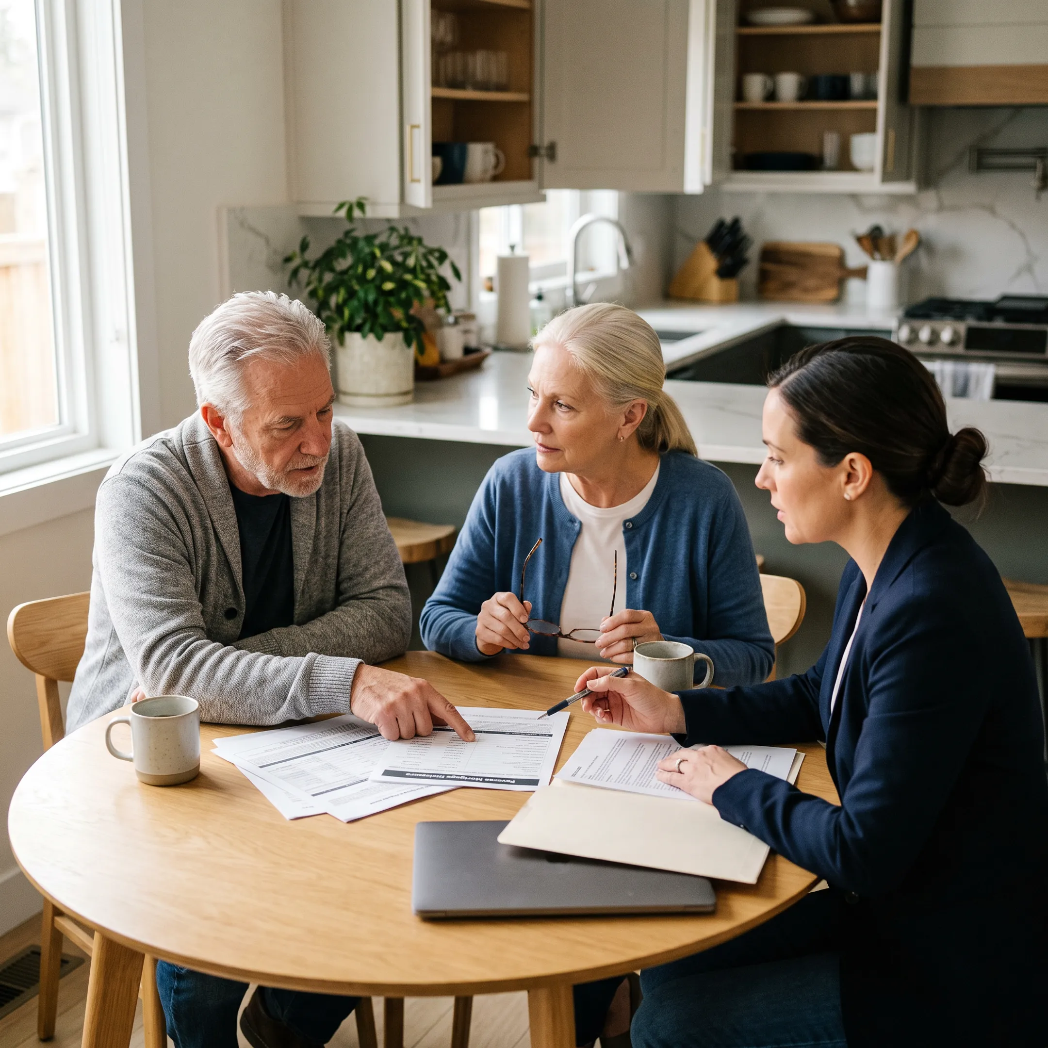 Financial advisor reviewing jumbo reverse mortgage documents with homeowners