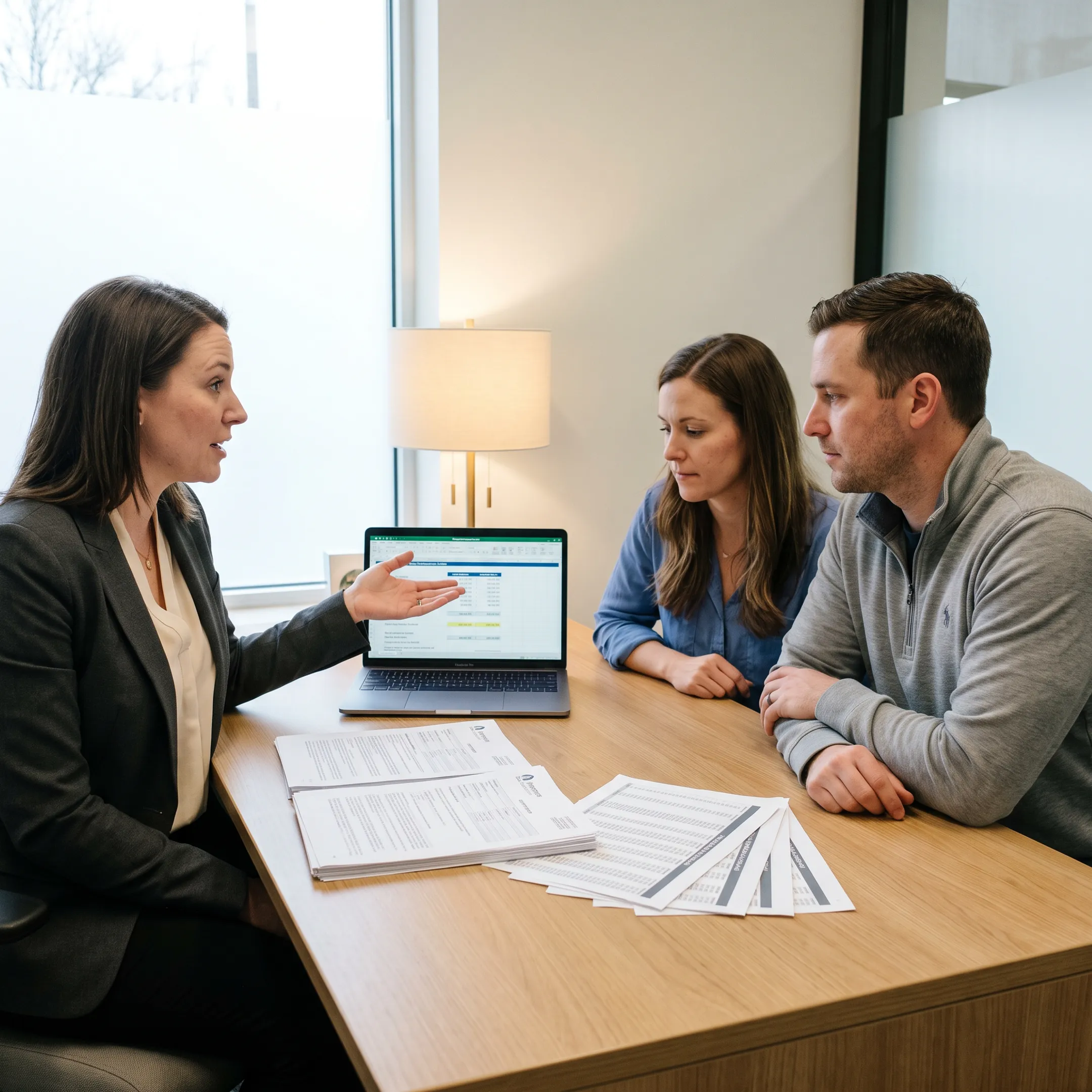 Mortgage broker discussing loan options with clients in an Augusta office