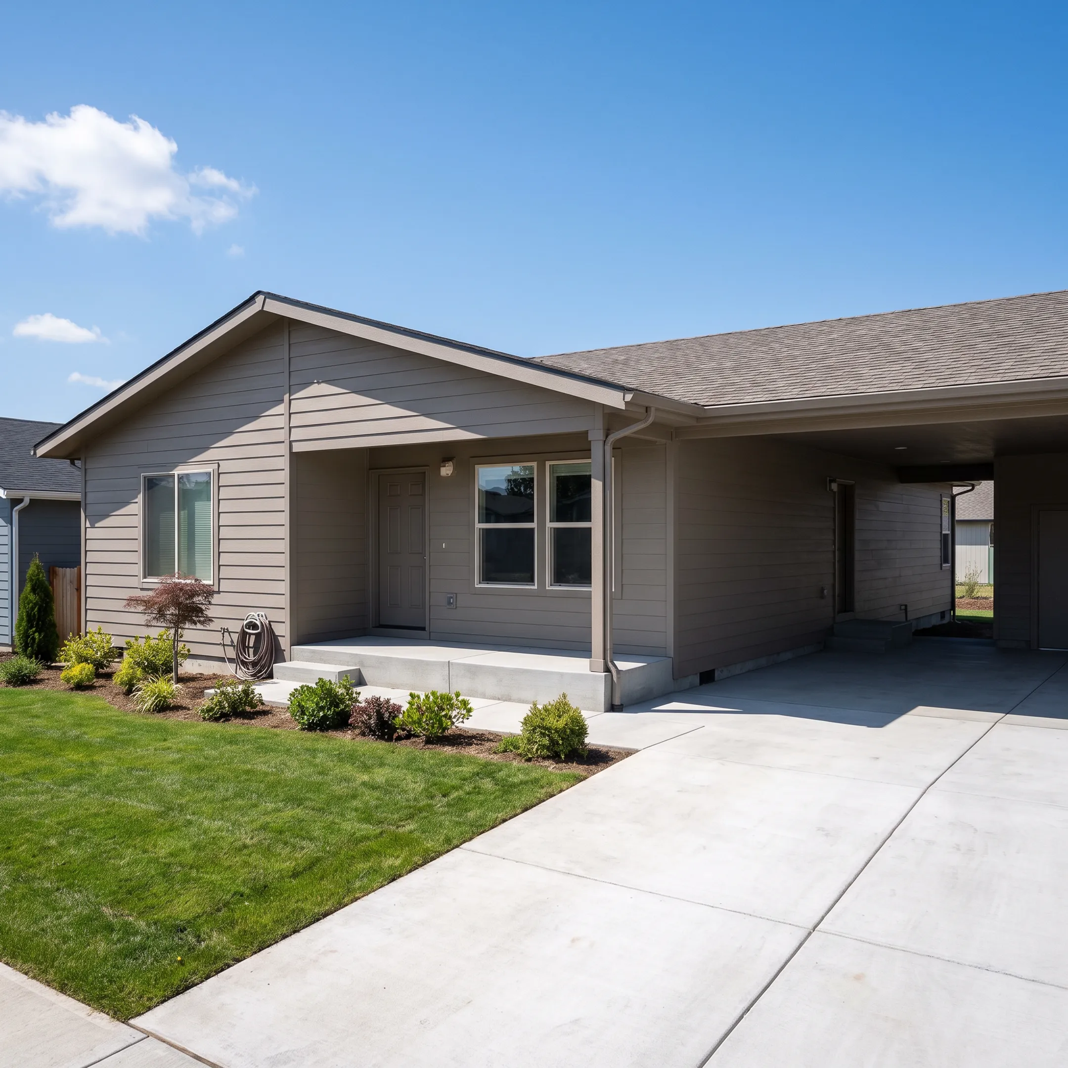 Newly assembled modern manufactured home on a permanent foundation