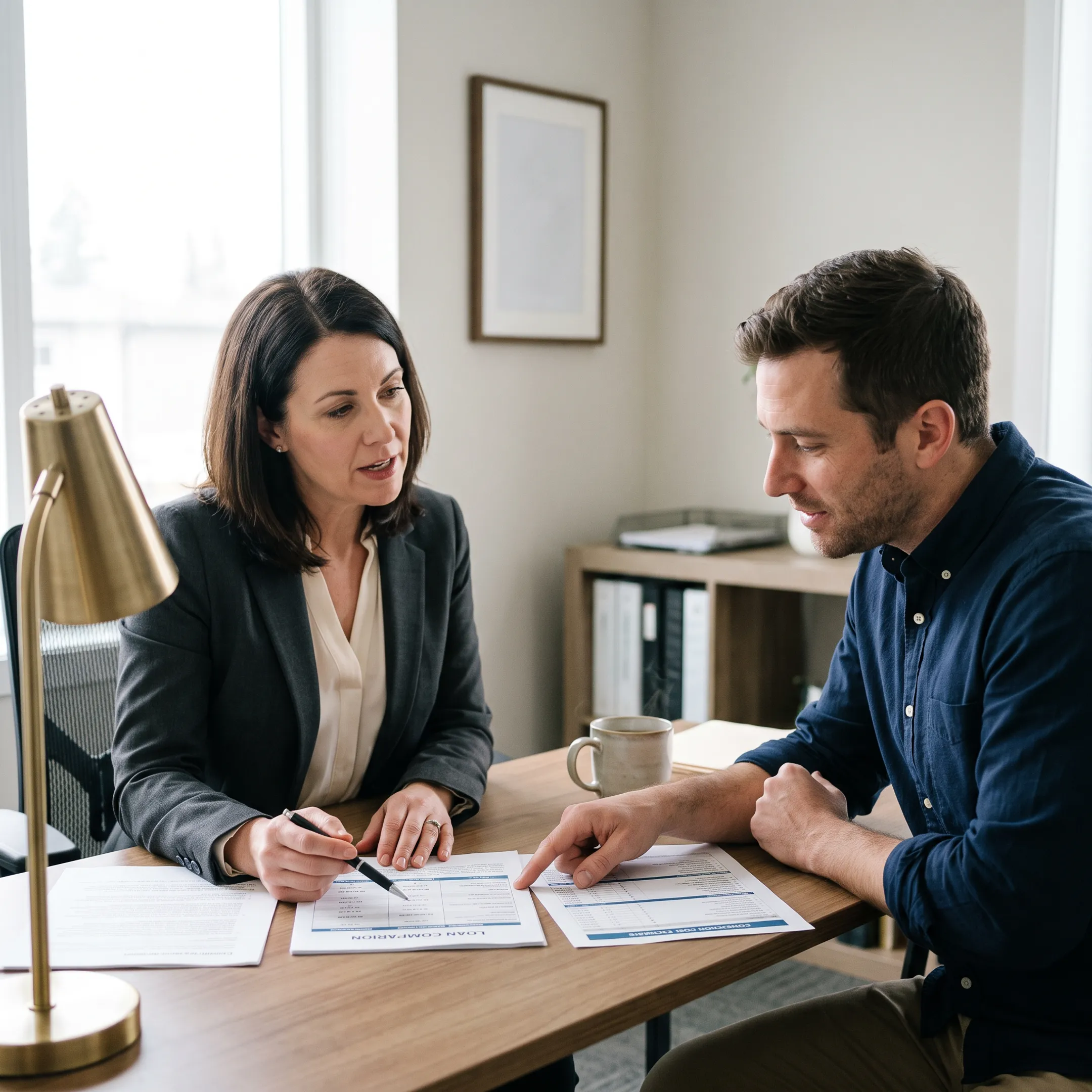 Mortgage broker comparing loan documents with a homebuyer