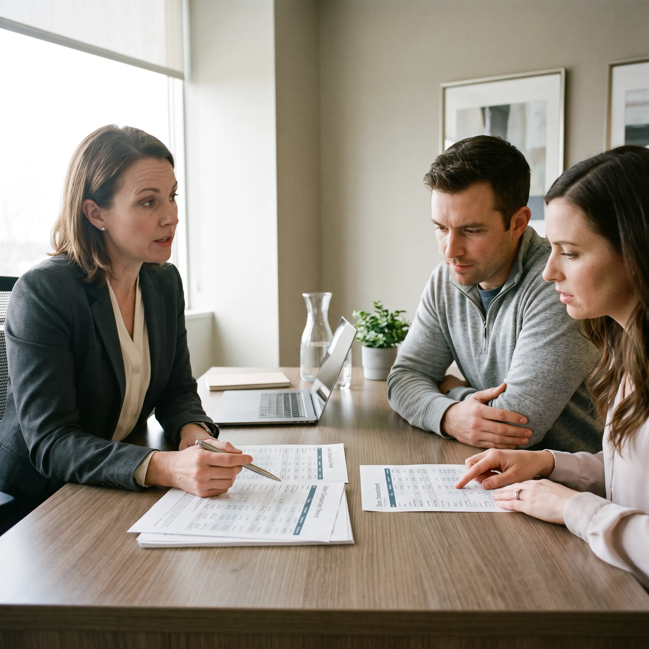Mortgage broker discussing affordable loan options with homebuyers