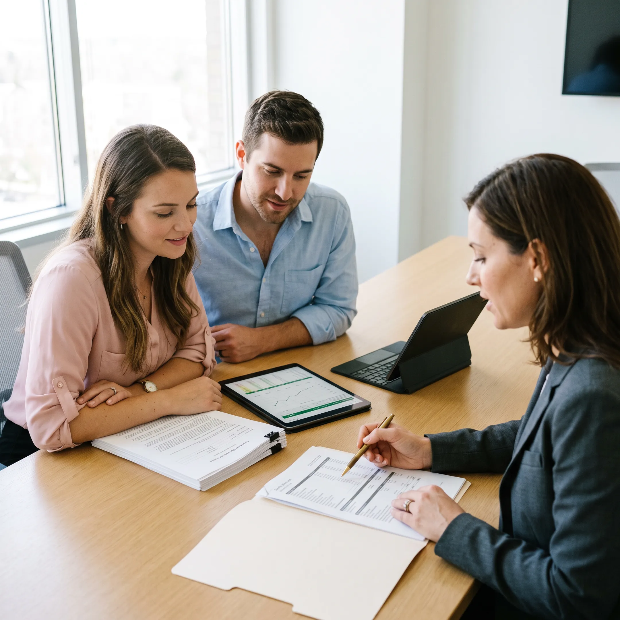 First-time homebuyer reviewing loan application documents with a mortgage specialist