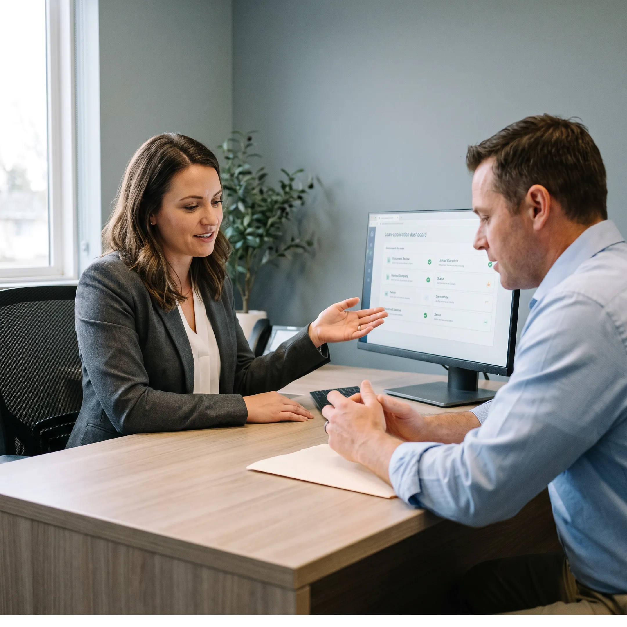 Mortgage advisor guiding a new homeowner through digital loan application steps