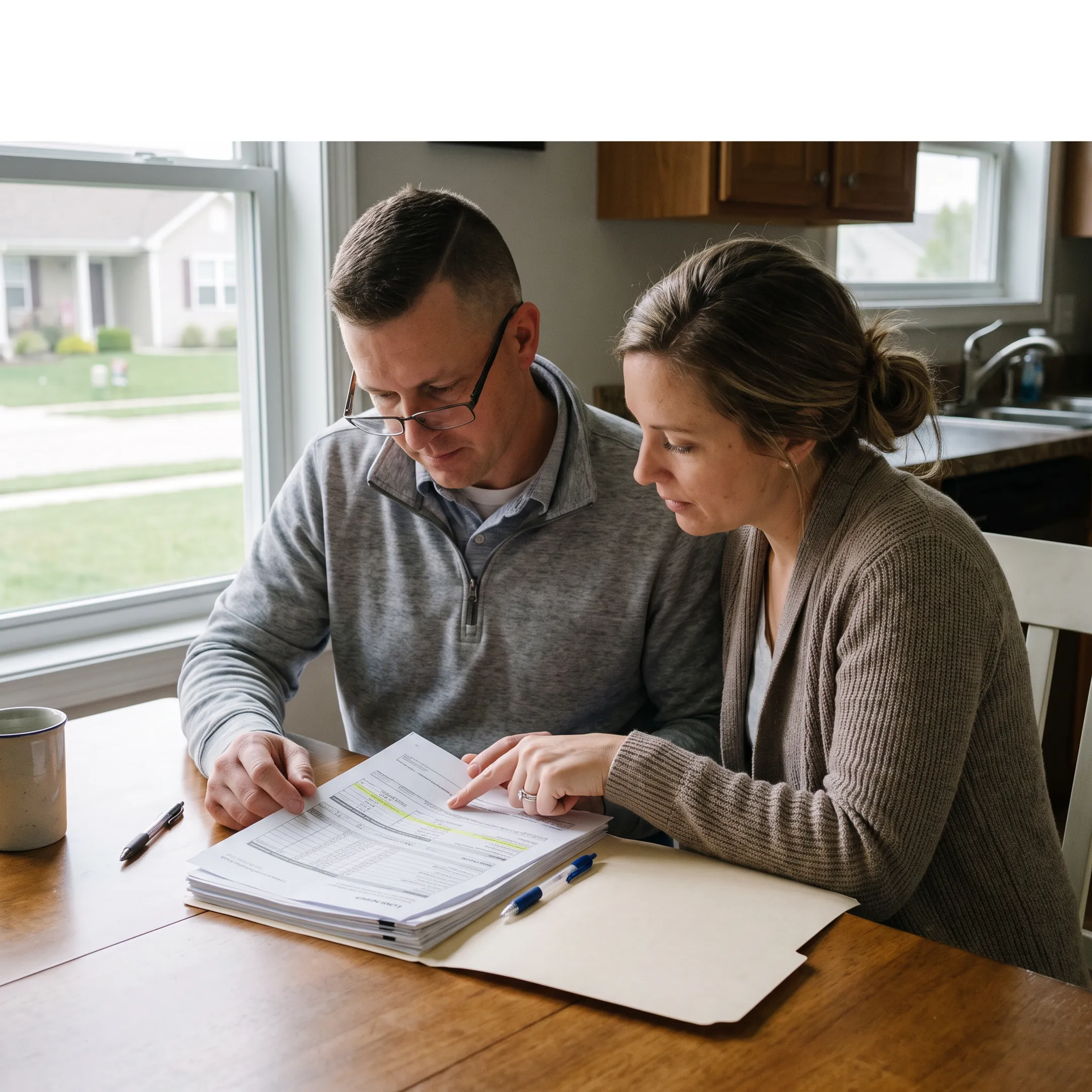Military family reviewing VA mortgage refinancing documents at home