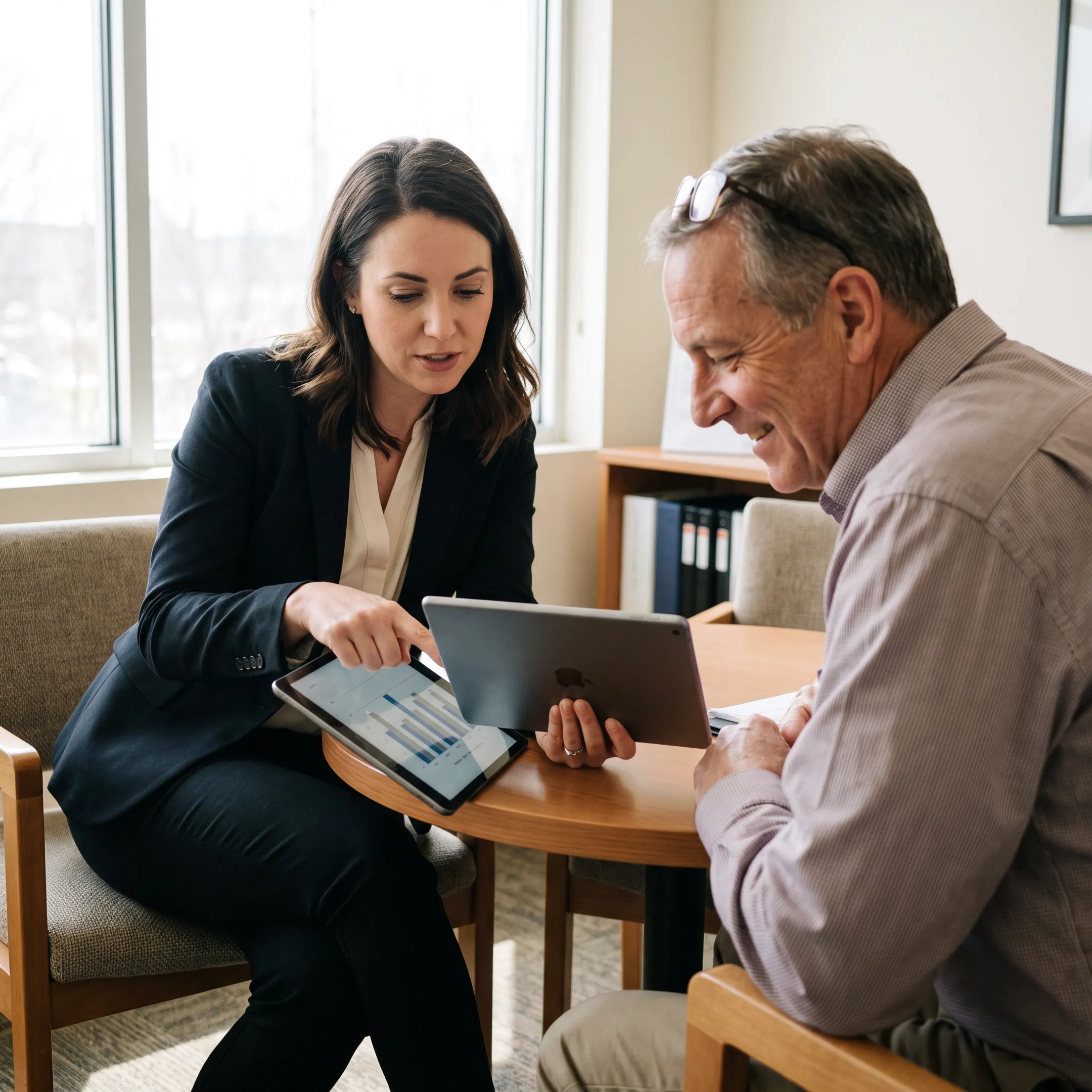 Loan advisor discussing VA refinancing options with veteran homeowner