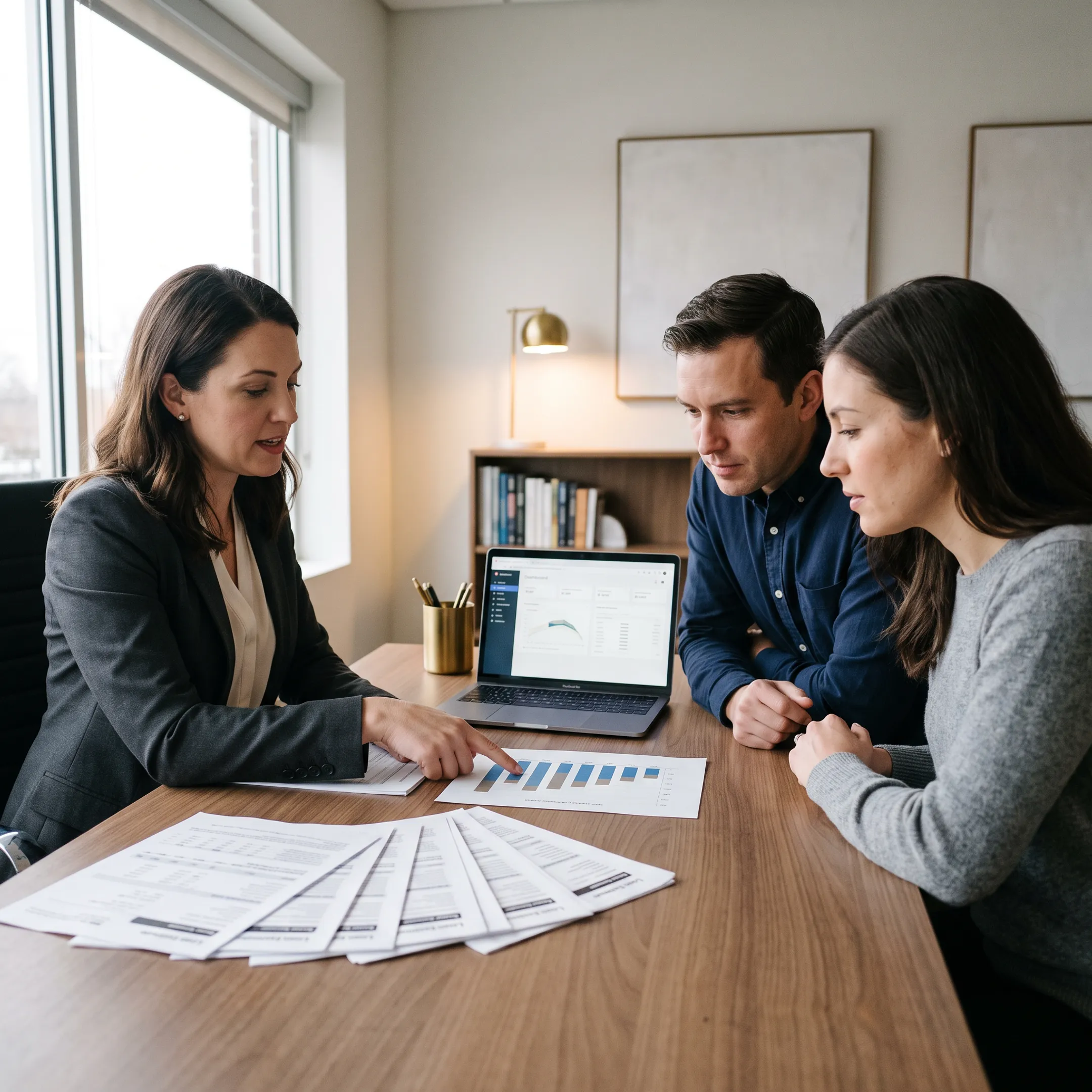 Financial advisor discussing mortgage options with clients at a desk