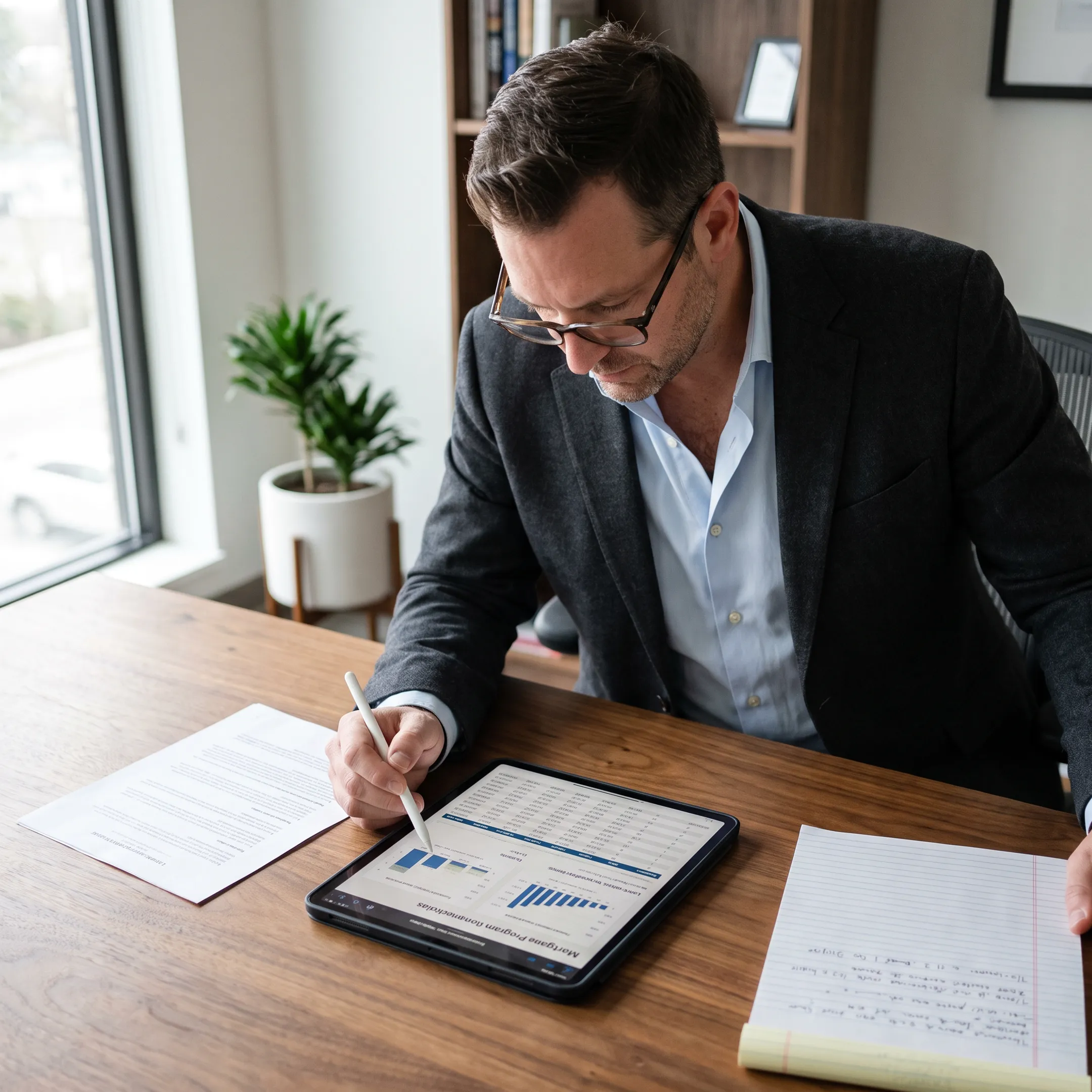 Lending specialist reviewing mortgage rate sheets on a digital tablet