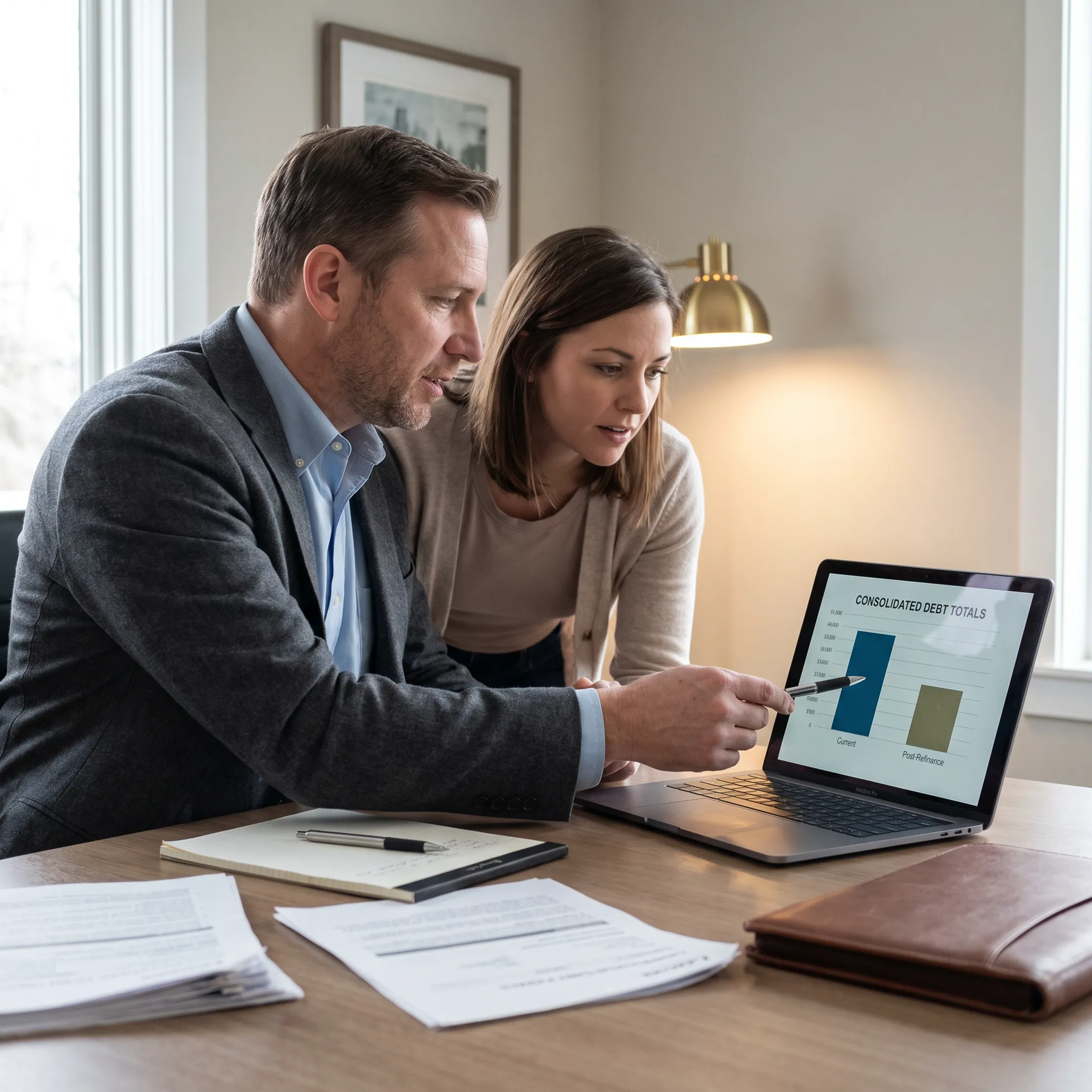 Mortgage advisor helping a client calculate debt consolidation savings