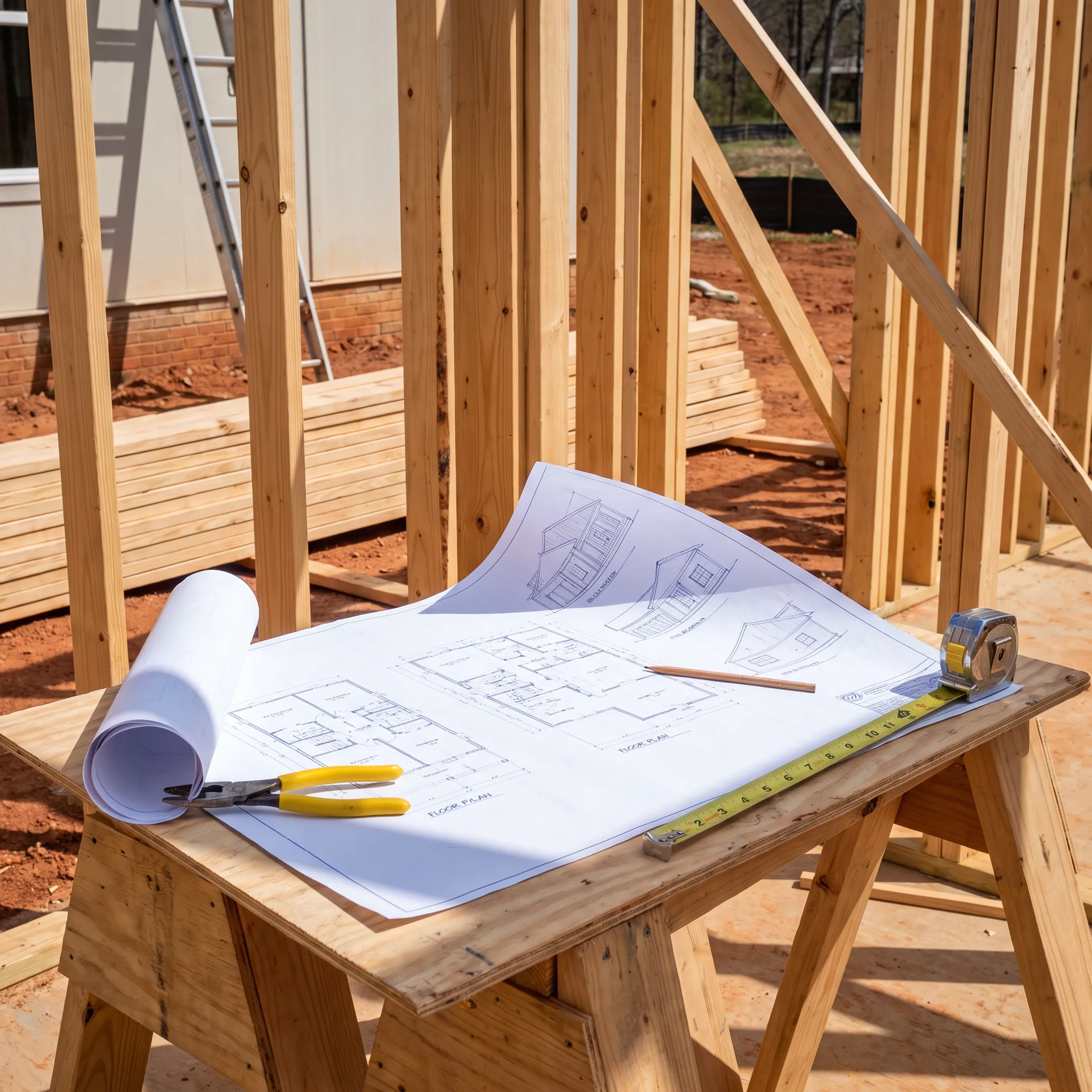 Residential construction site in Georgia with framing and architectural plans.