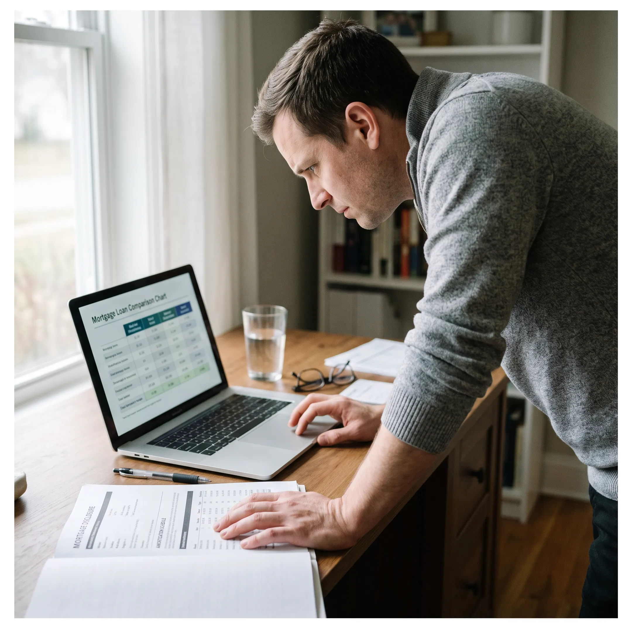 Prospective homebuyer reviewing mortgage finance options and loan paperwork