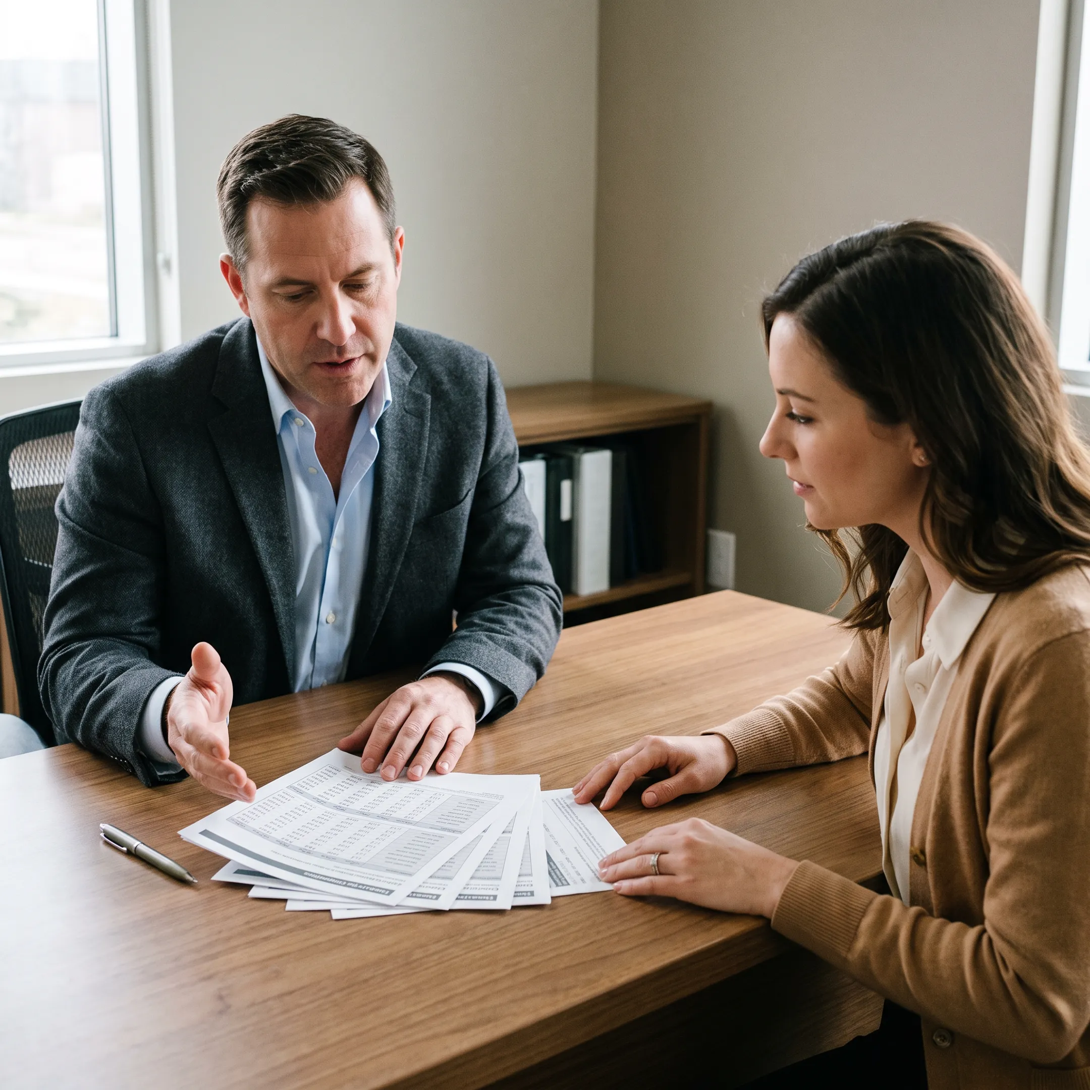 Mortgage advisor assisting client with loan paperwork