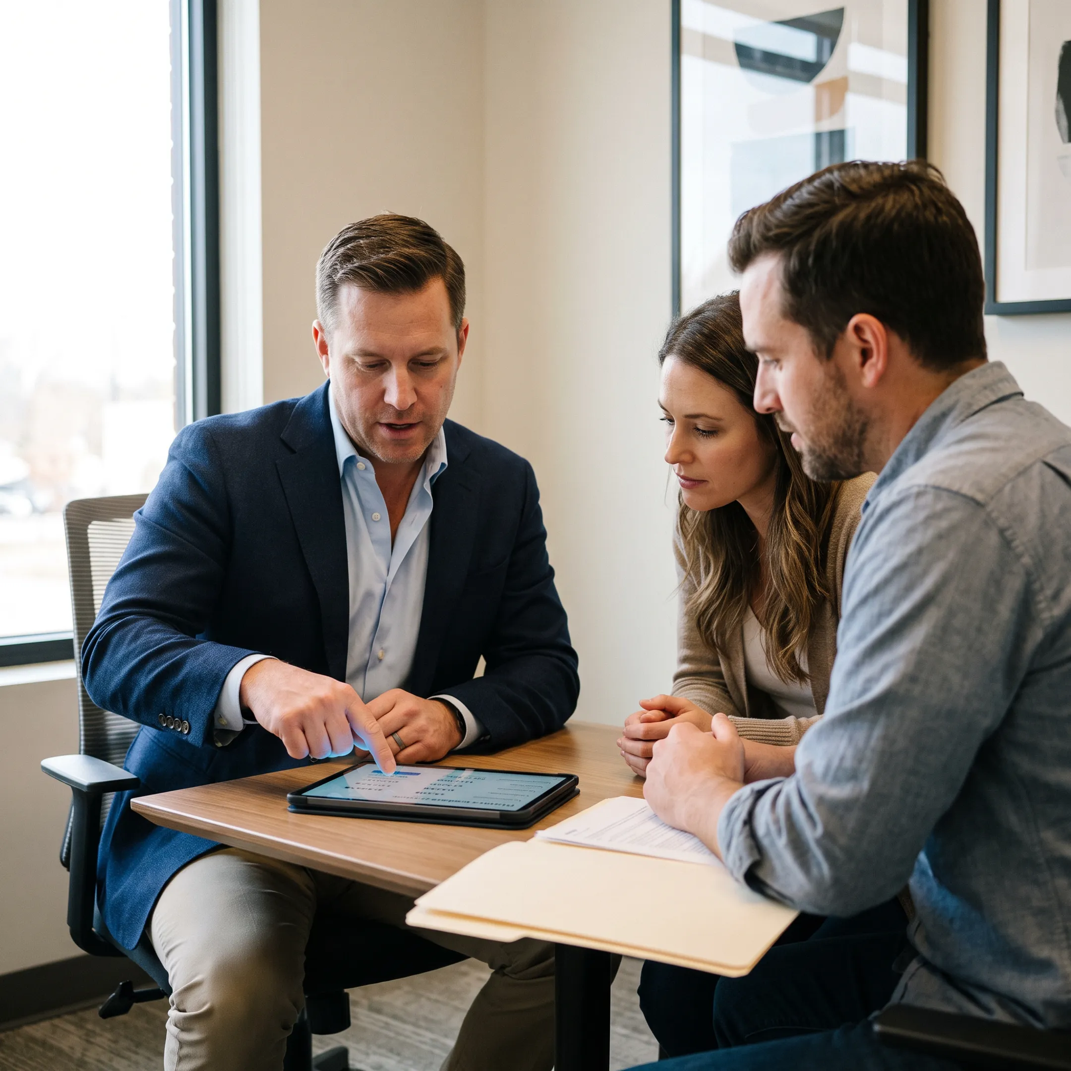 Mortgage broker presenting home financing options to first-time buyers