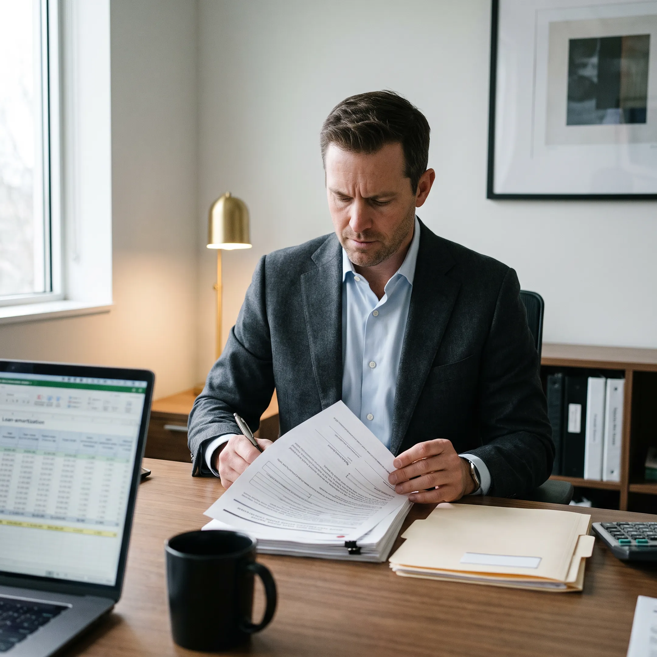 Jumbo mortgage loan consultation with an experienced mortgage broker reviewing loan documents.
