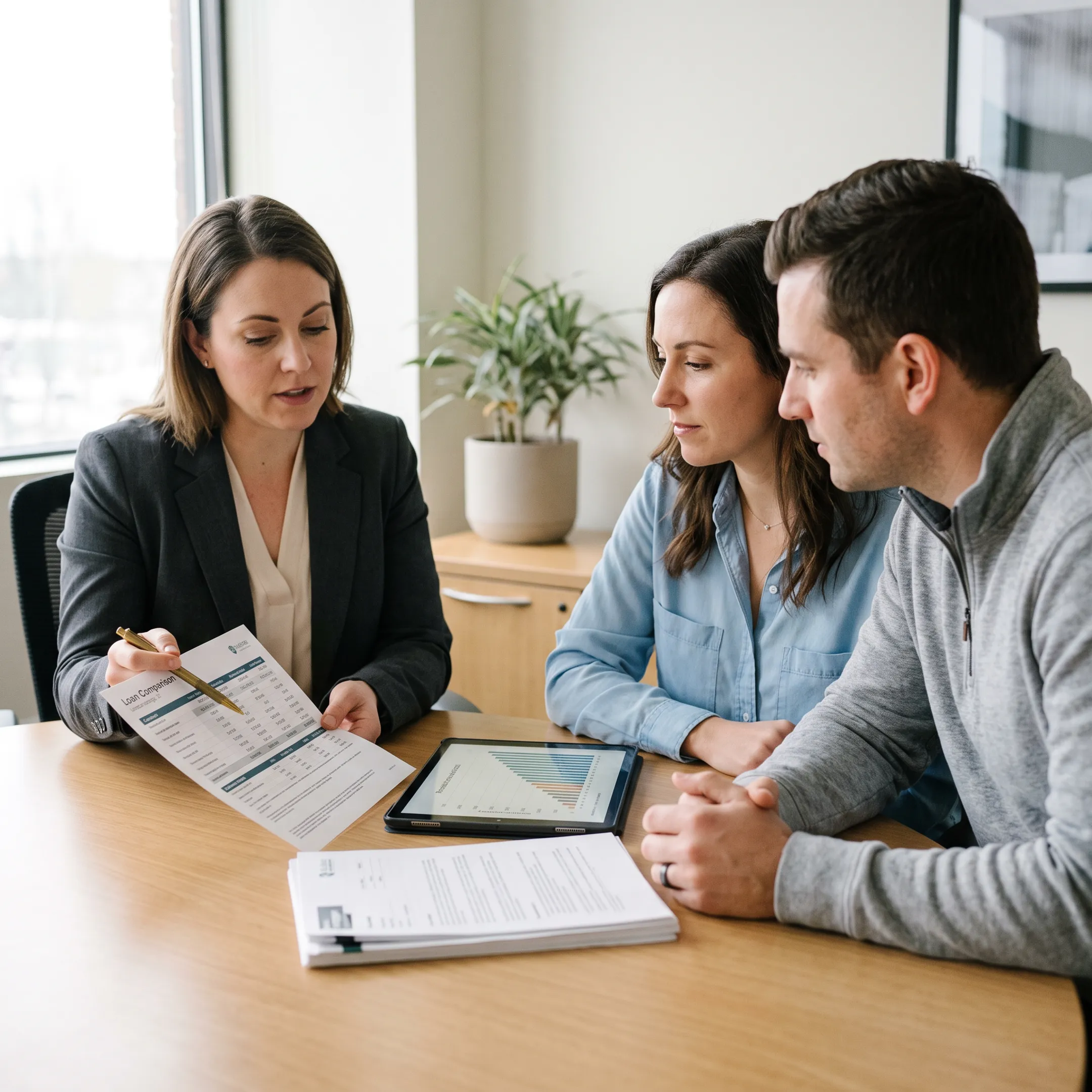 Mortgage advisor discussing home financing options with a couple at a desk