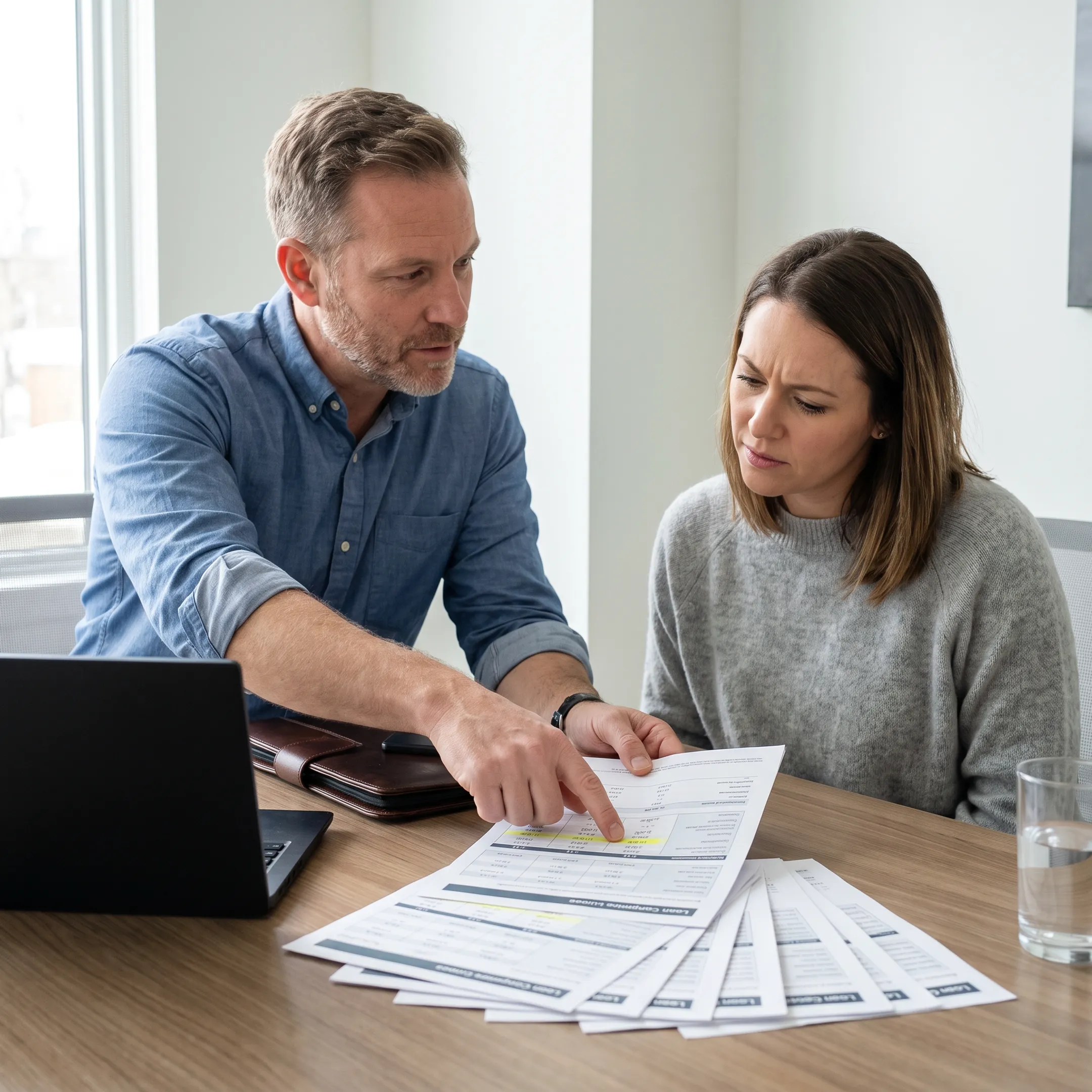 Mortgage professional explaining loan choices to a homebuyer
