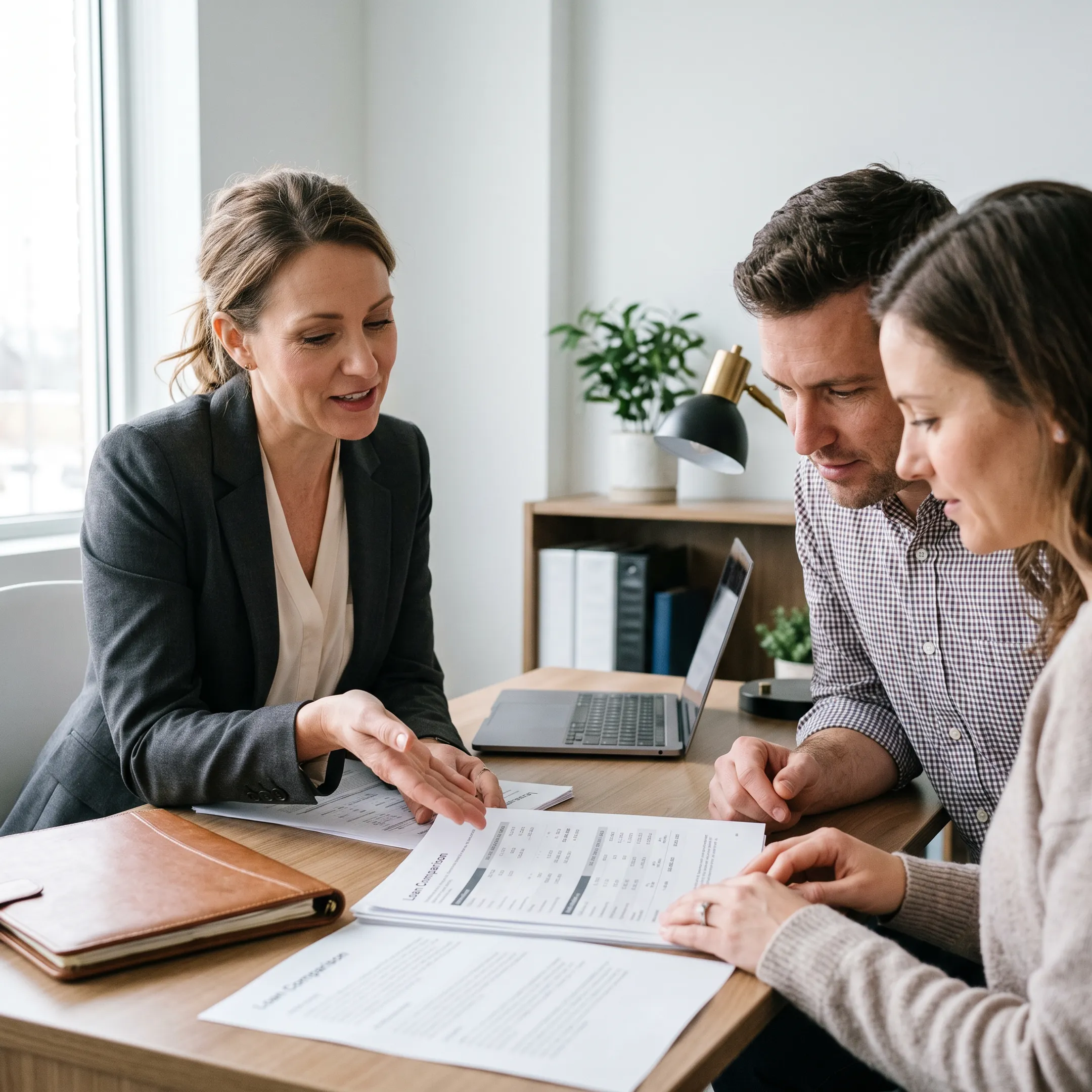 Mortgage professional discussing home loan choices with a couple at a table
