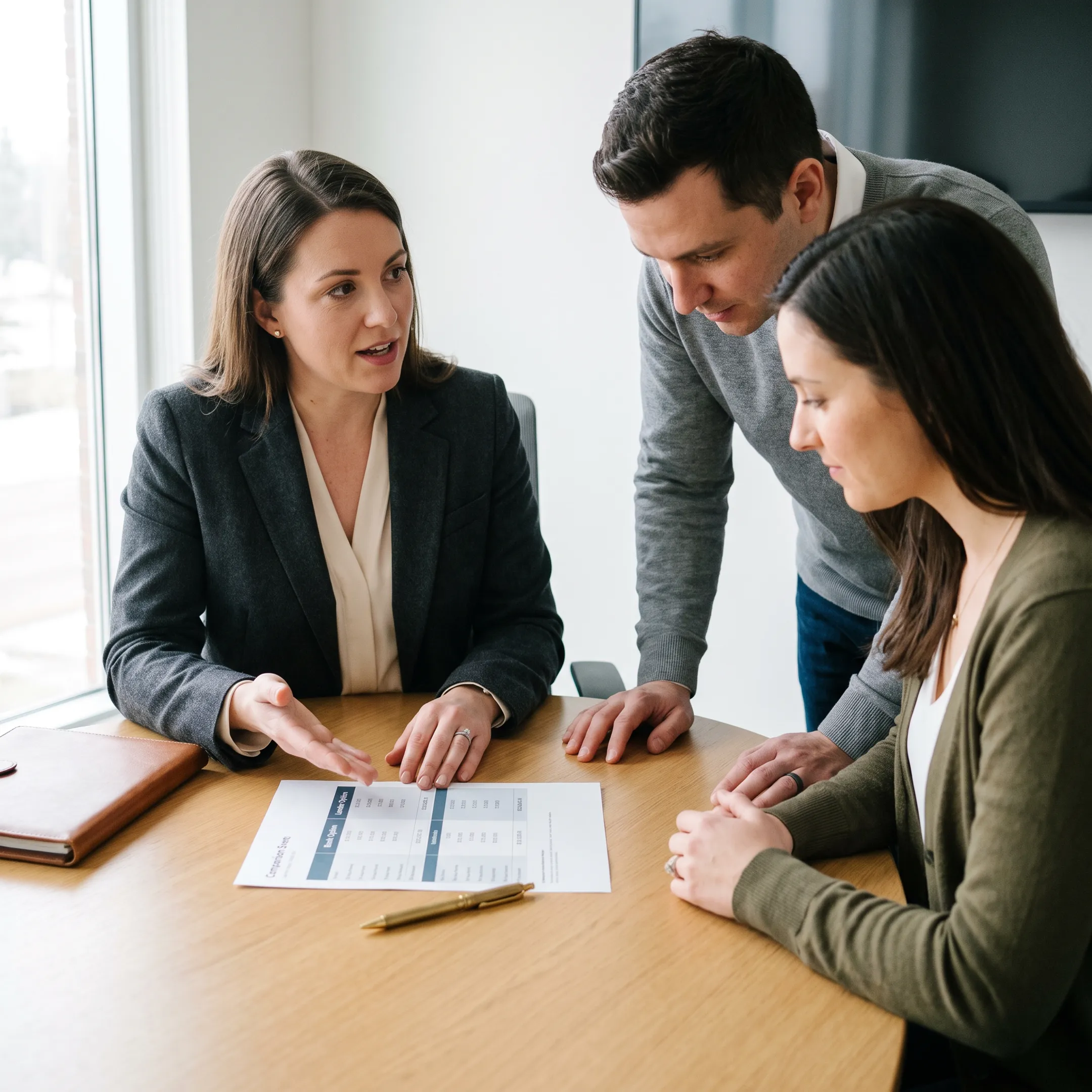 Advisor comparing mortgage loan options with homebuyers