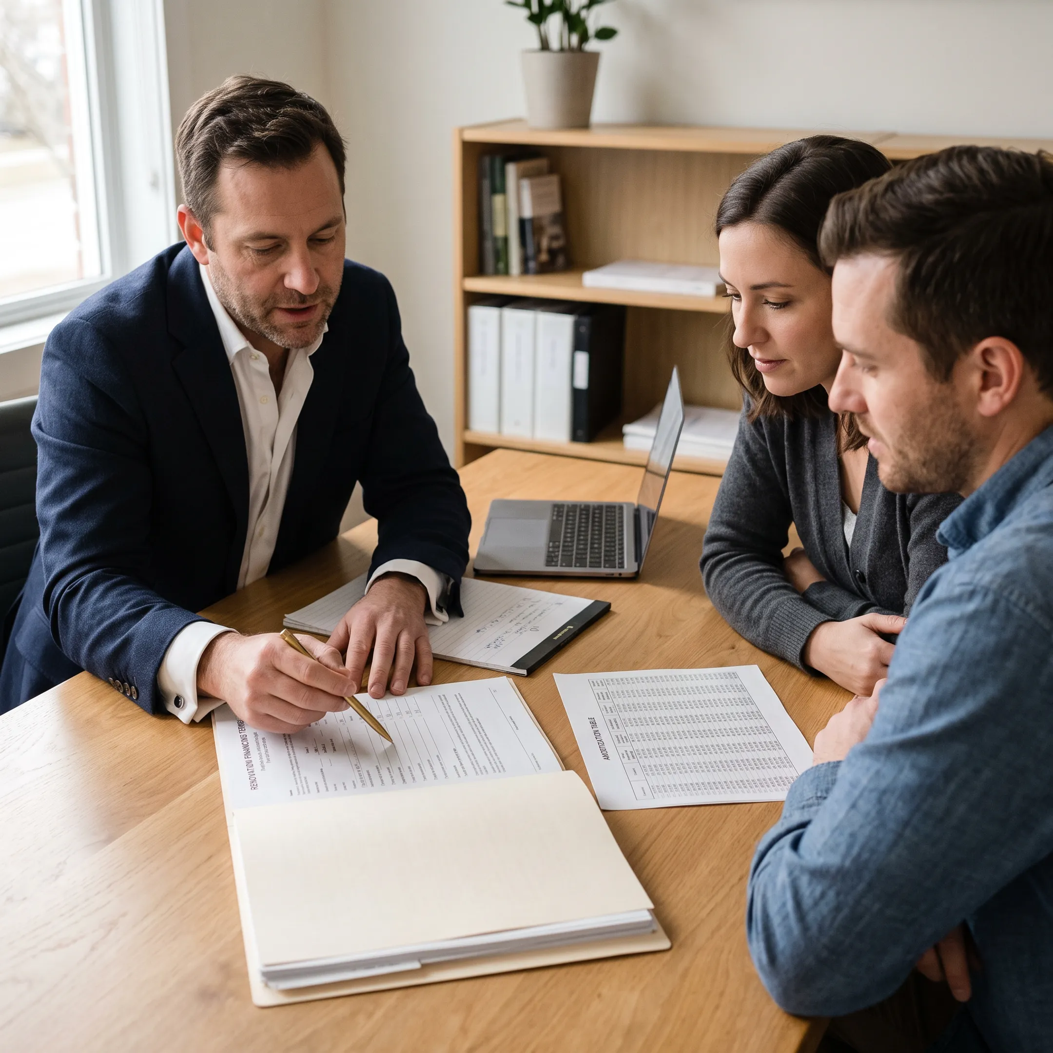 Mortgage professional discussing purchase and renovation loan options with homebuyers